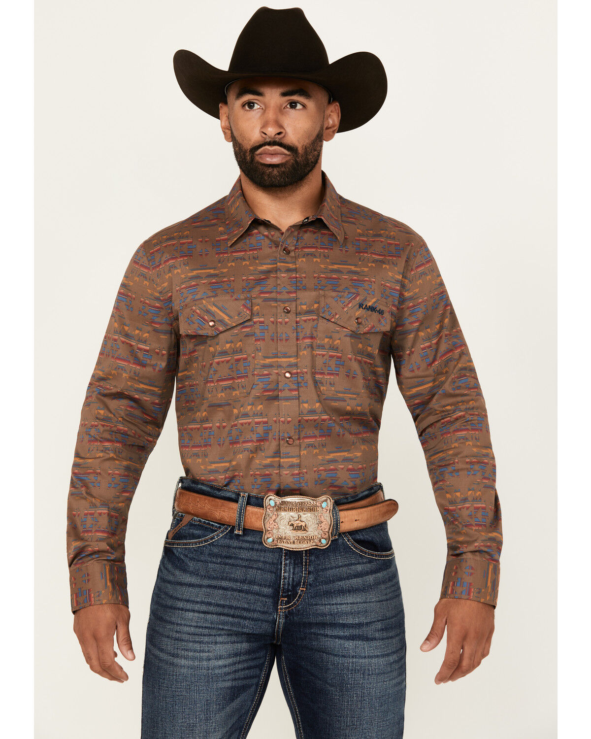 Image #1 - RANK 45&reg; Men's Trinidad Southwestern Print Long Sleeve Pearl Snap Stretch Western Shirt, Red, hi-res
