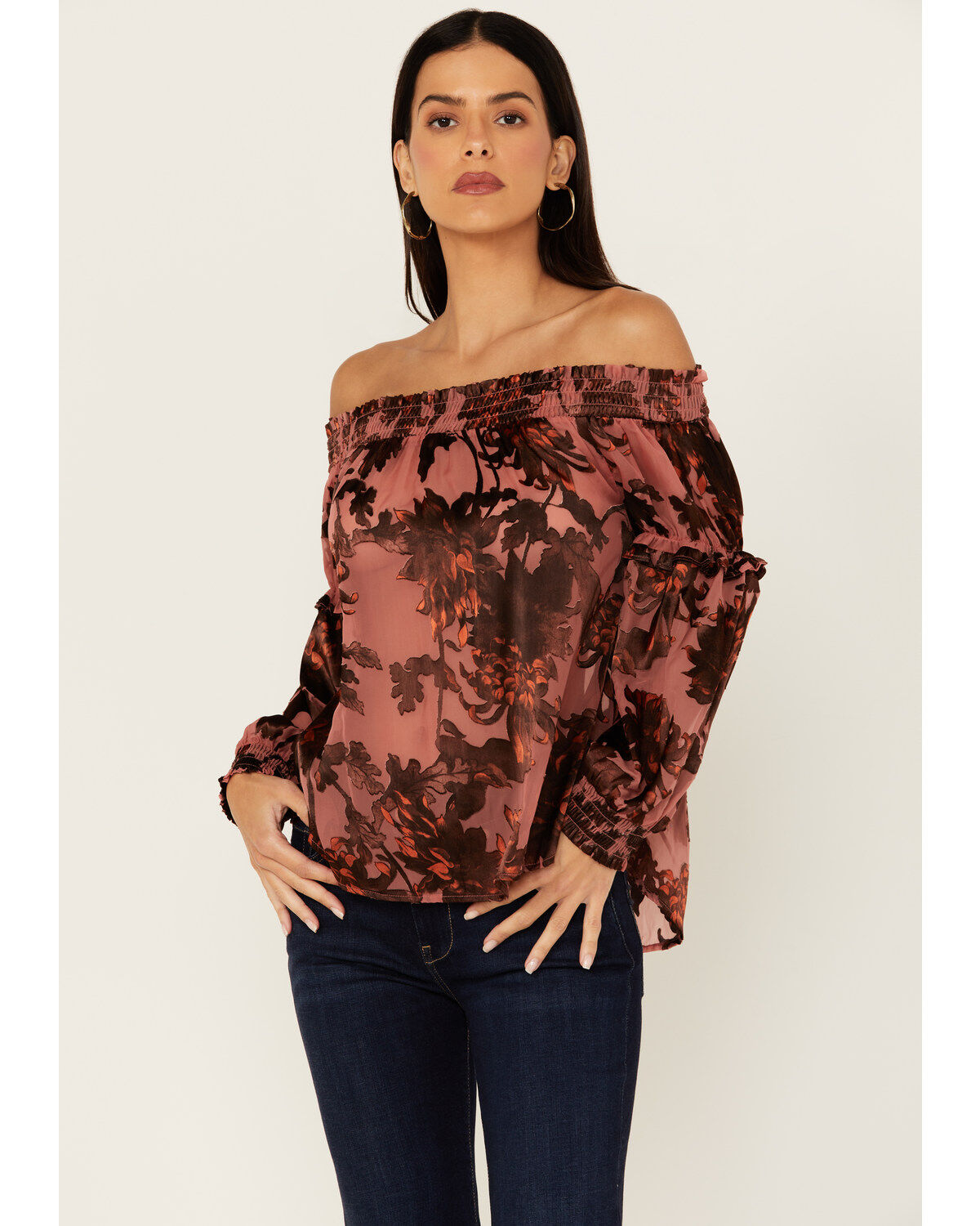 Image #2 - Shyanne Women's Burnout Satin Printed Peasant Top, Mauve, hi-res