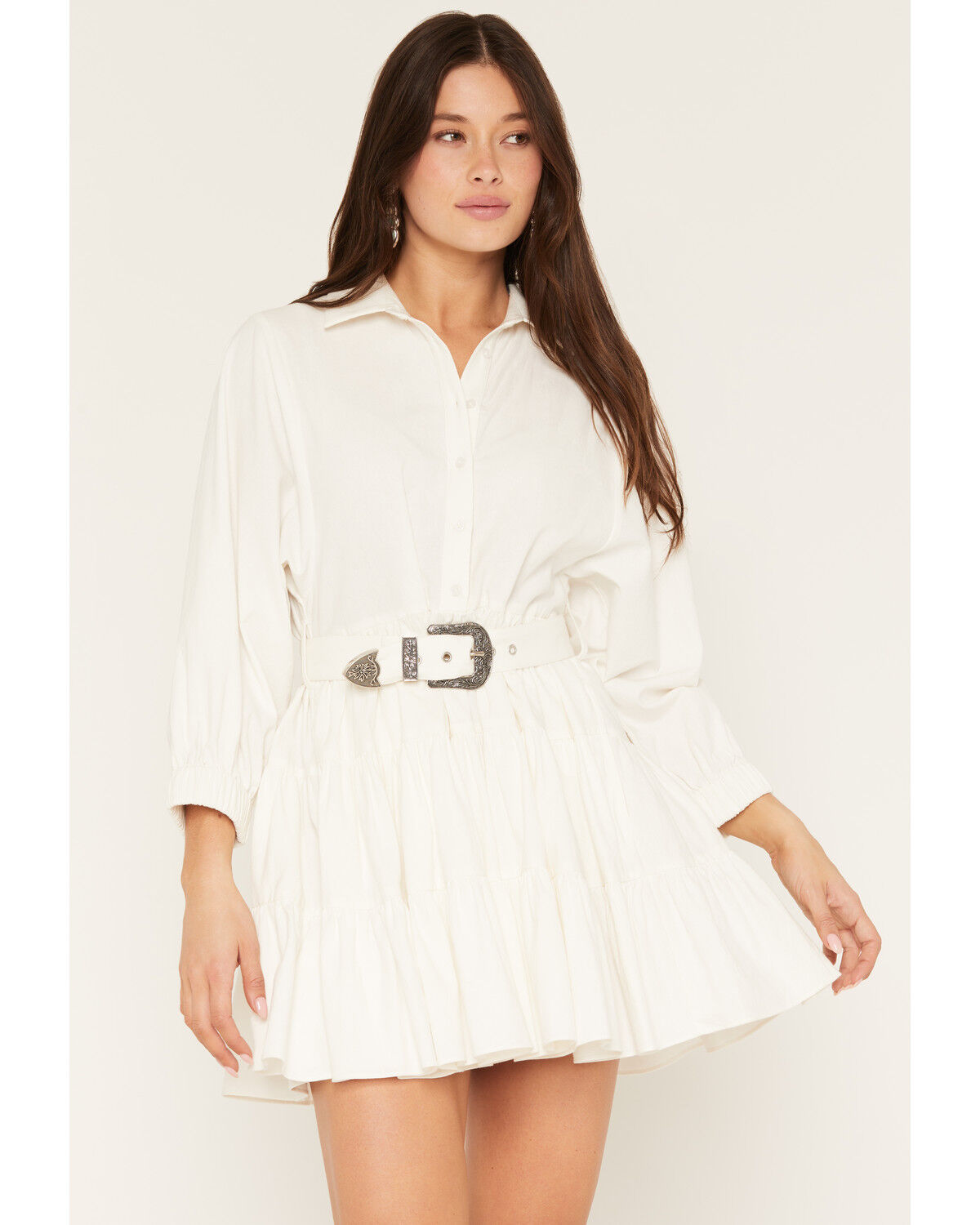 Rock & Roll Denim Women's Long Sleeve Belted Mini Dress, White, hi-res