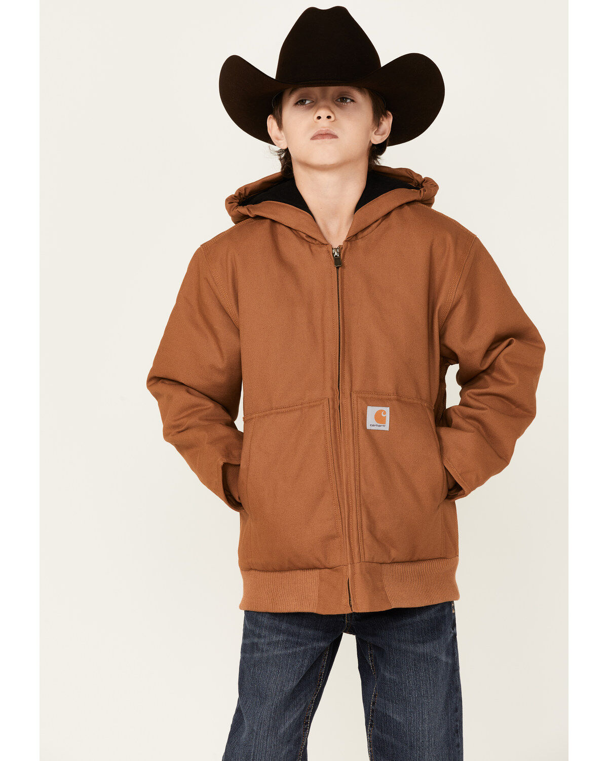 Carhartt Boys' Active Flannel Quilt Lined Hooded Jacket, Brown, hi-res