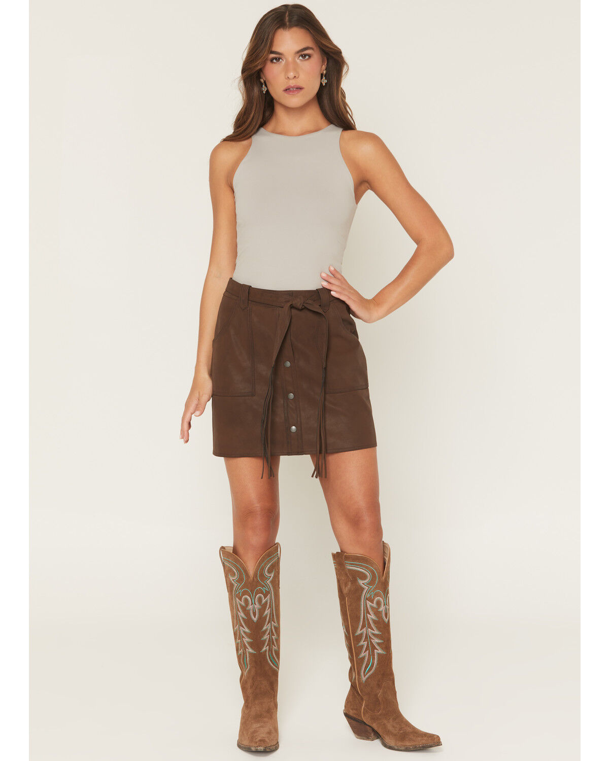 Shyanne Women's Taylor Distressed Faux Leather Belted Mini Skirt, Brown, hi-res