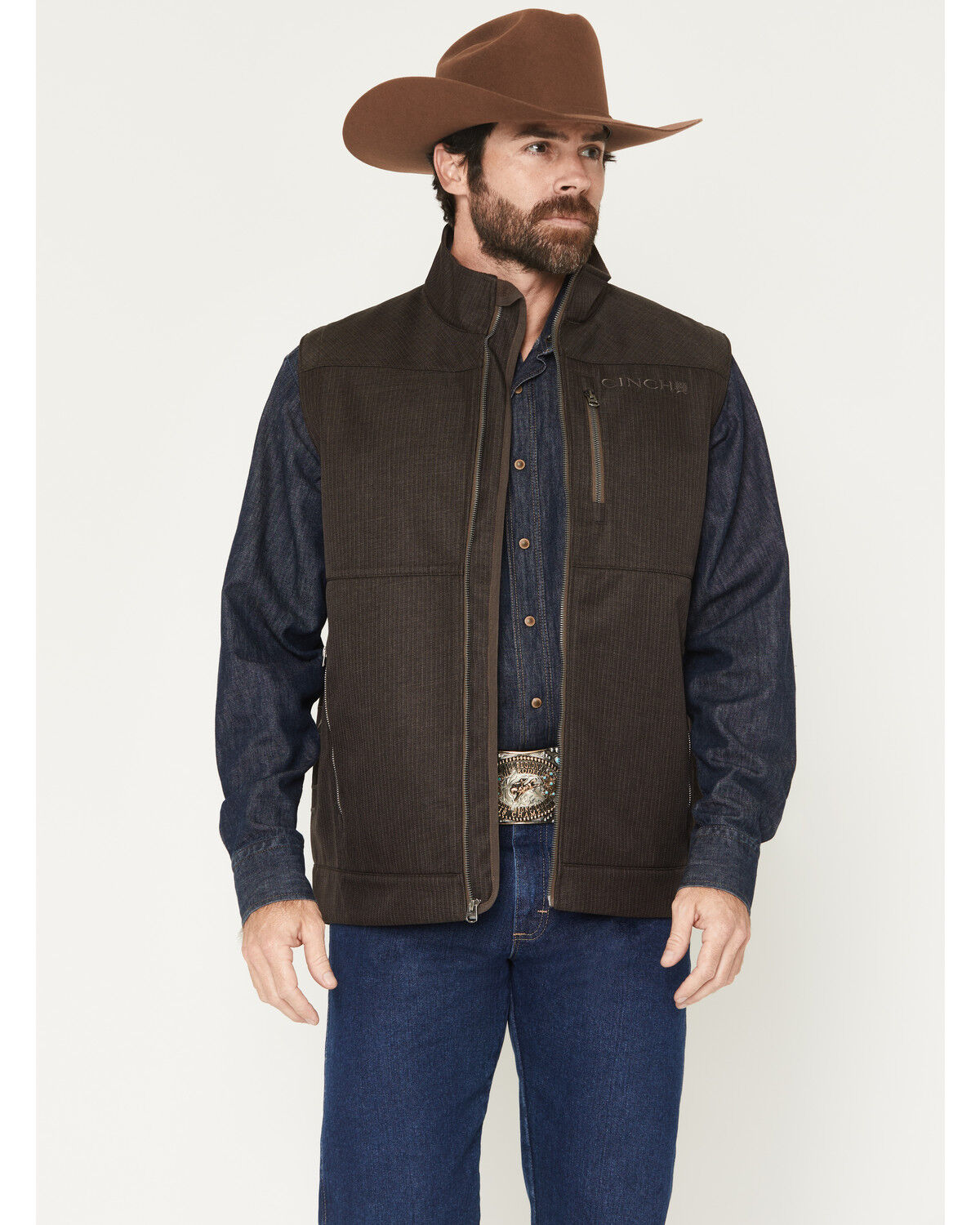 Cinch Men's Bonded Softshell Vest, Brown, hi-res