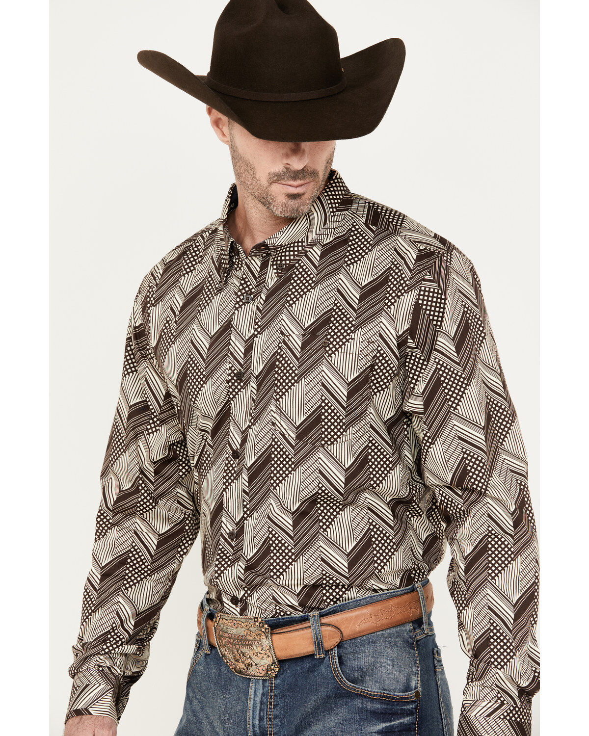 Image #2 - RANK 45&reg; Men's Altonwon Striped Geo Print Long Sleeve Button-Down Western Shirt, Coffee, hi-res