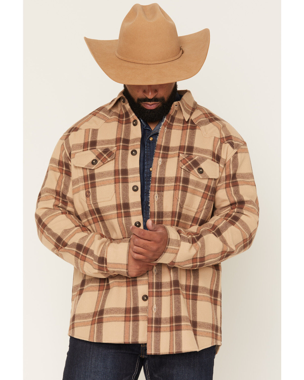 Image #1 - Cody James Men's Hombre Plaid Print Sherpa Lined Shirt Jacket, Tan, hi-res