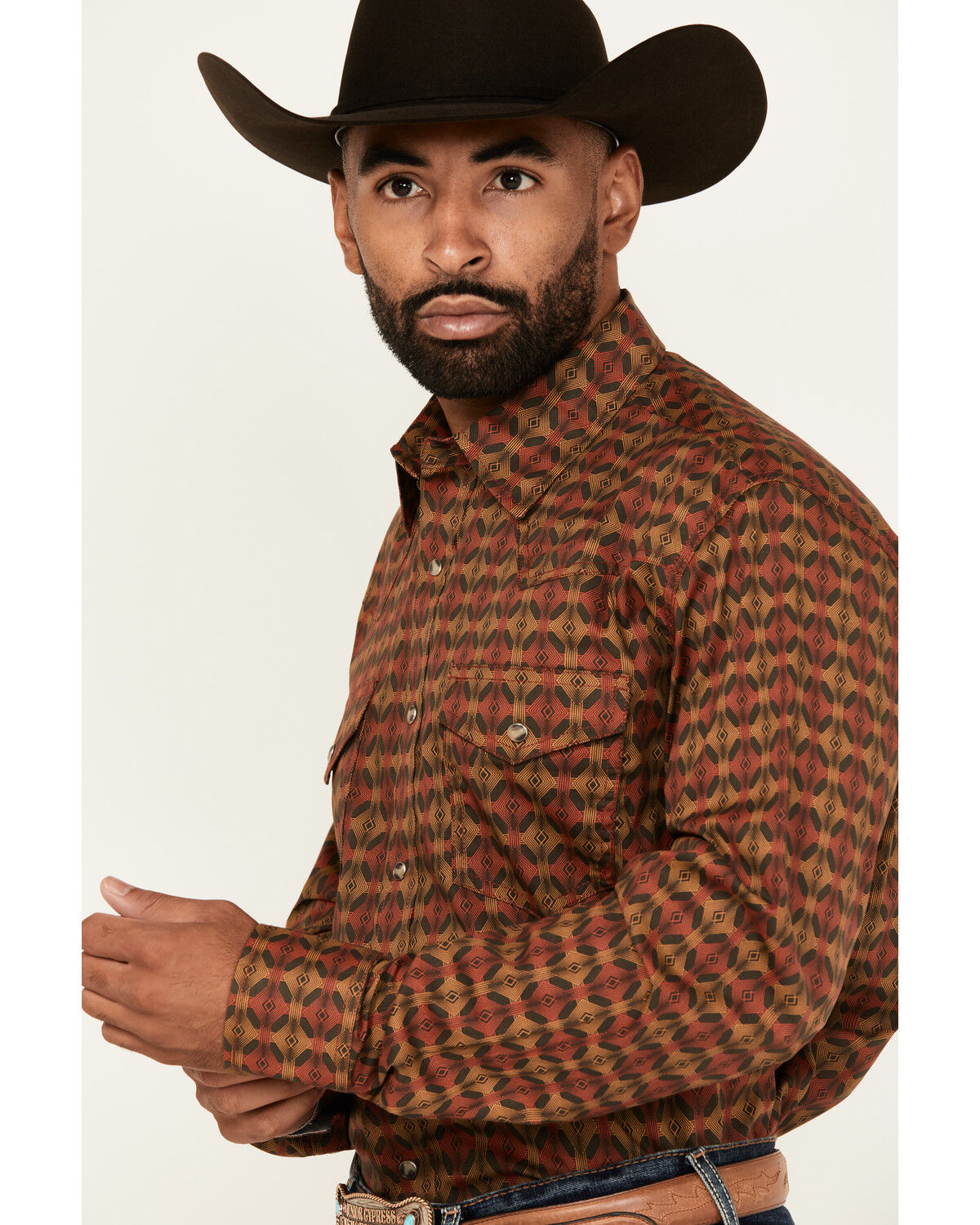 Image #2 - Wrangler 20X Men's Geo Print Long Sleeve Snap Stretch Western Shirt, Brown, hi-res