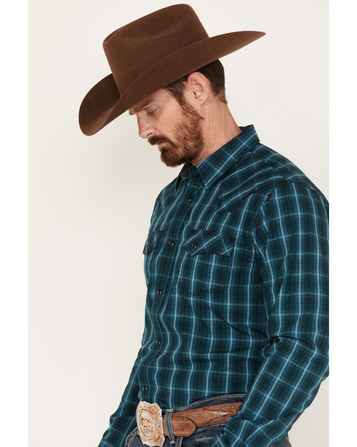 Image #2 - Moonshine Spirit&reg; Men's Bayou Plaid Print Long Sleeve Western Snap Shirt, Teal, hi-res