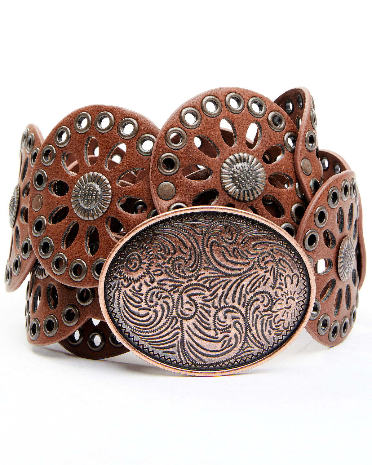 Cowgirls Rock Women's Round Concho Western Belt, Brown, hi-res