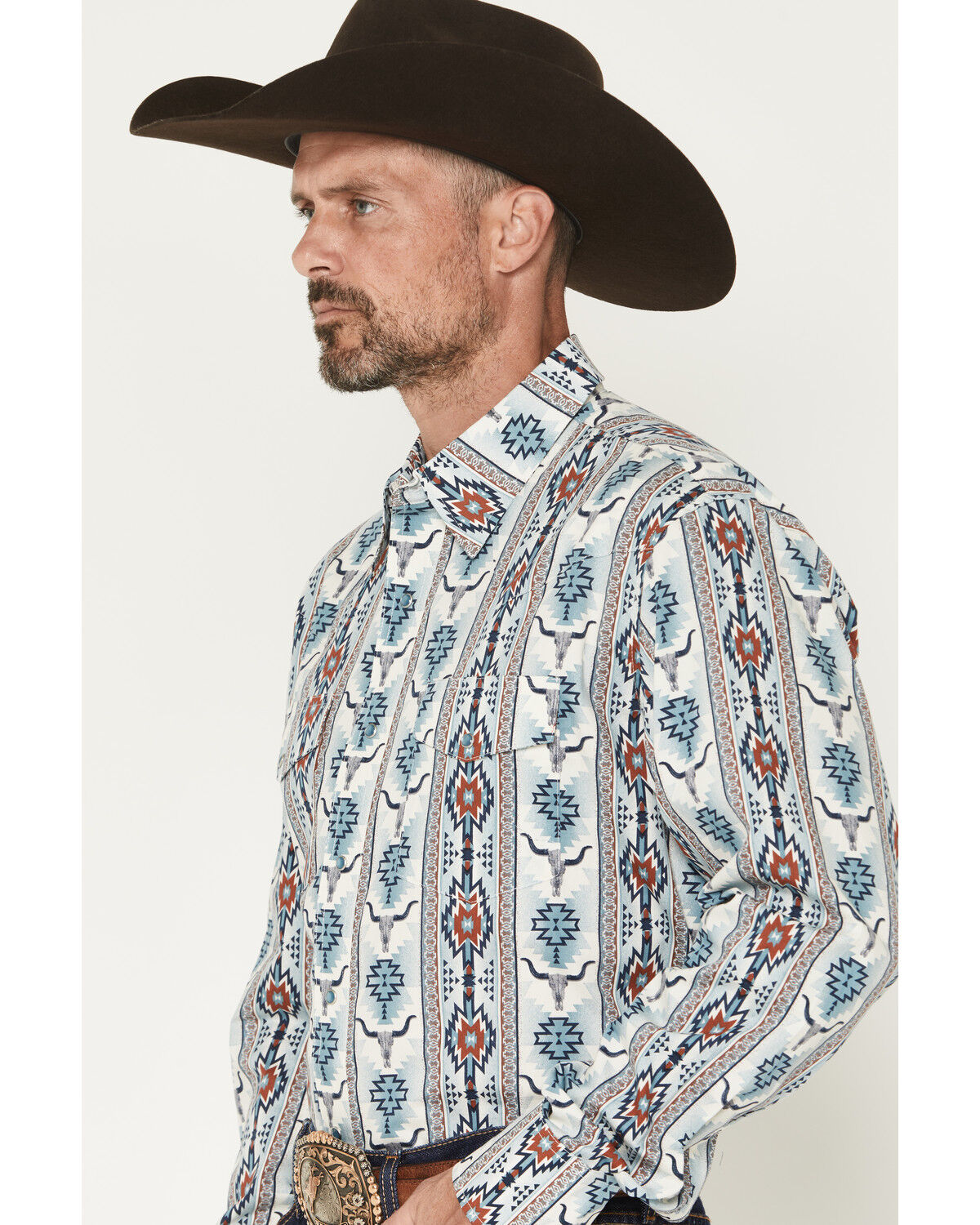 Image #2 - Wrangler Men's Checotah Southwestern Striped Long Sleeve Pearl Snap Western Shirt, Blue, hi-res