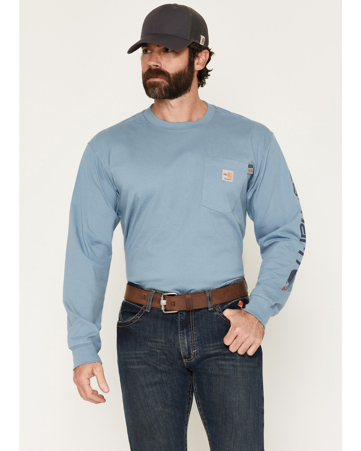 Carhartt Men's FR Force Irvine Loose Fit Logo Long Sleeve Graphic Work T-Shirt, Blue, hi-res
