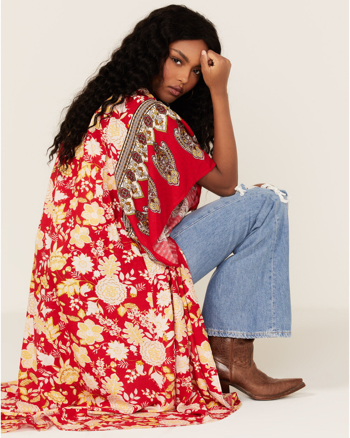 Image #1 - Band of the Free Women's From Paris With Love Floral Print Kimono, Red, hi-res