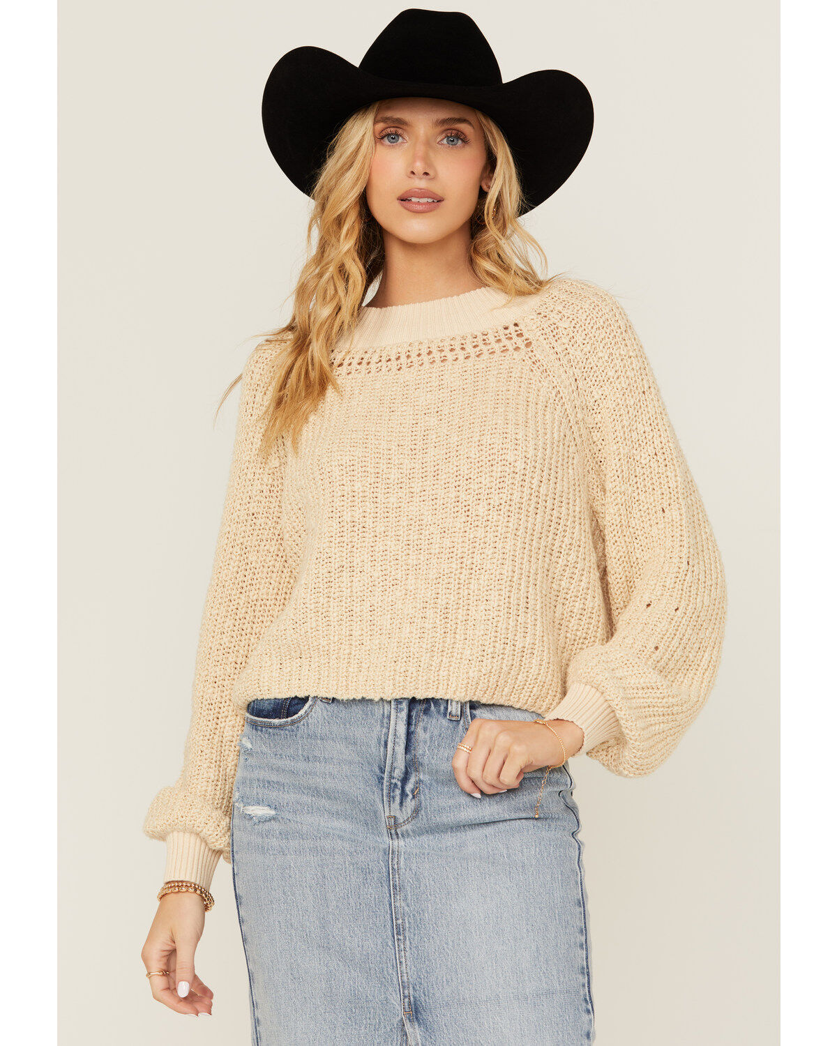 Cleo + Wolf Women's Celine Open Weave Cropped Sweater, Oatmeal, hi-res