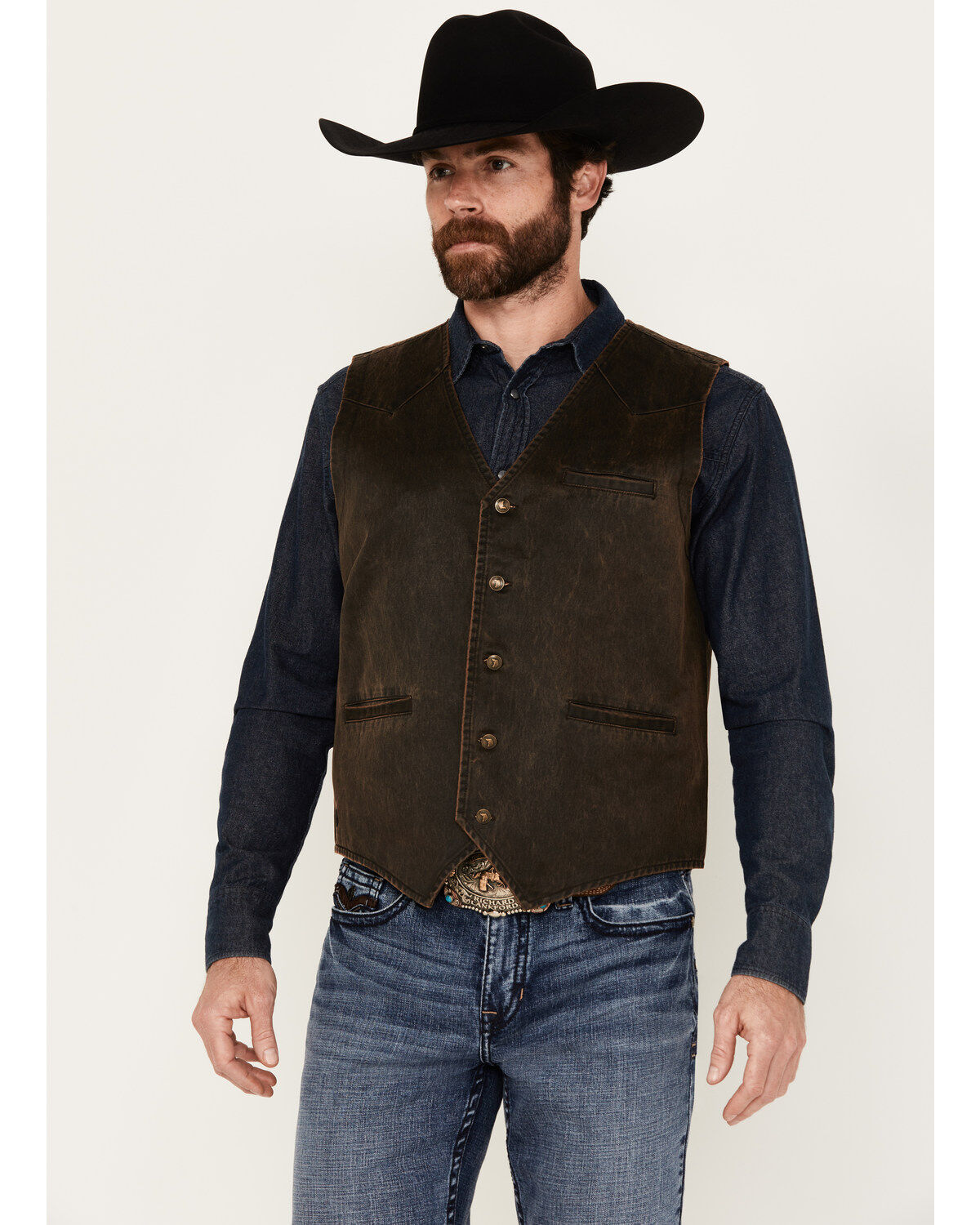 Cody James Men's Pancho Villa Oilskin Button-Front Western Vest, Brown, hi-res
