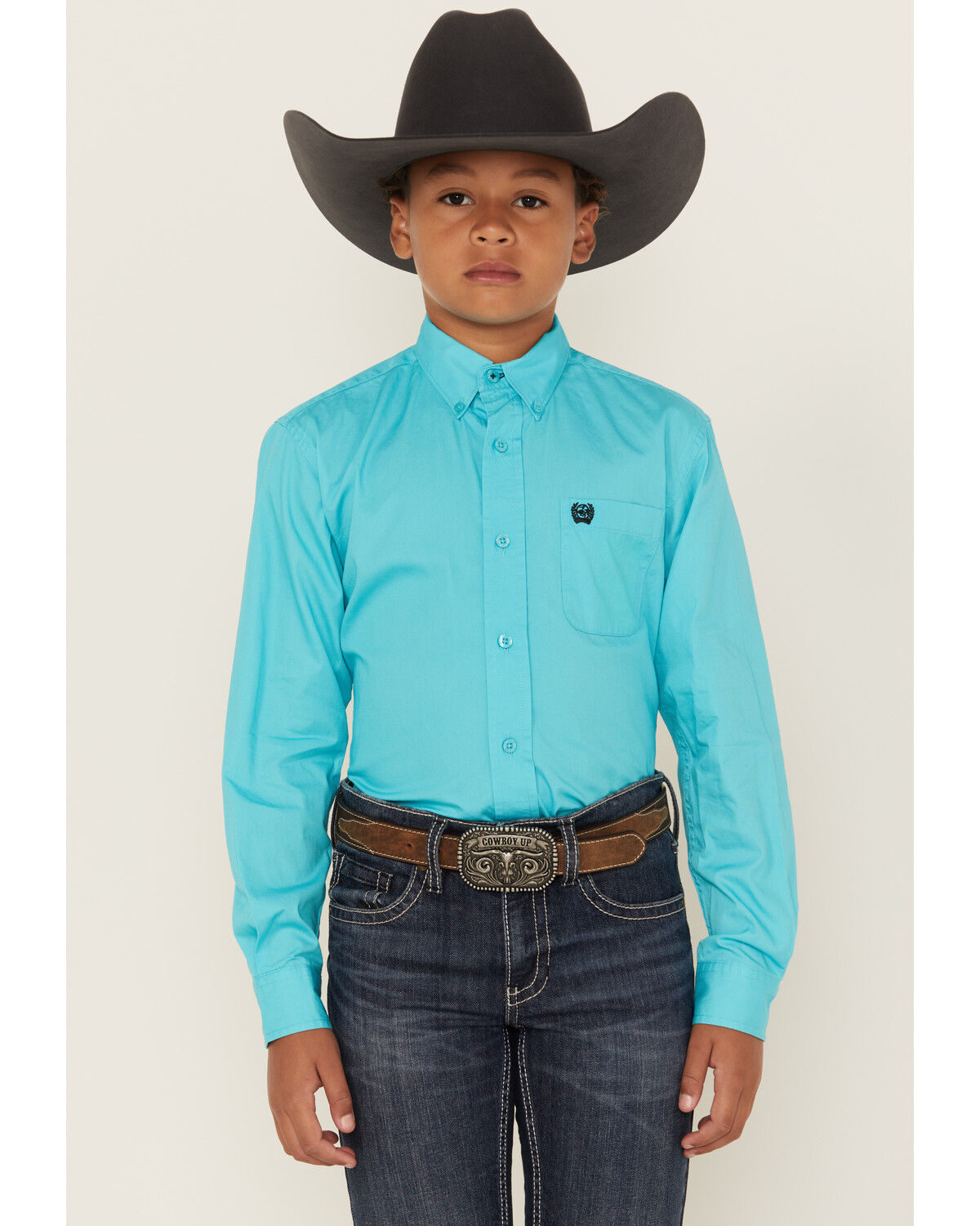 Cinch Boys' Solid Long Sleeve Button-Down Western Shirt, Turquoise, hi-res