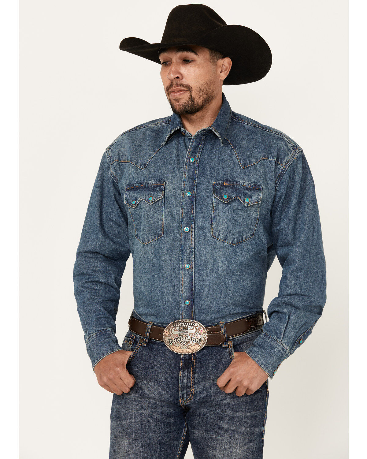 Stetson Men's Denim Long Sleeve Snap Western Shirt, Denim, hi-res