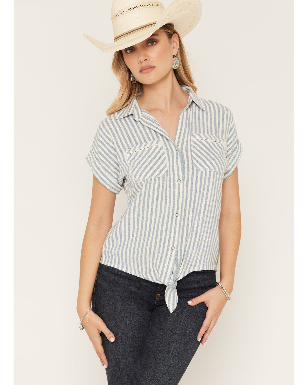 Image #1 - Shyanne Women's Featherlight Striped Short Sleeve Pearl Snap Woven Western Shirt, Light Blue, hi-res