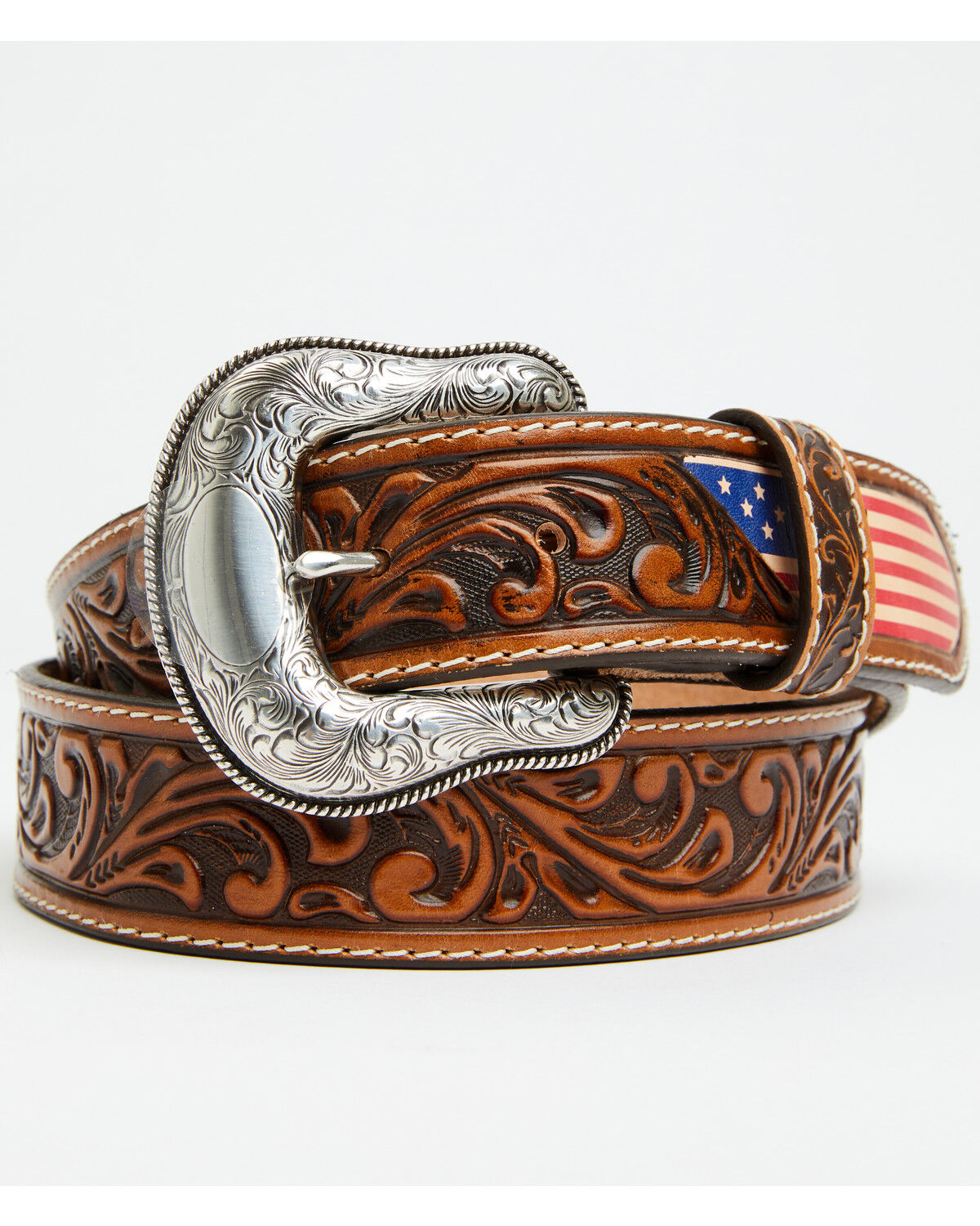 Leegin Men's Freedom Flag Tooled Leather Belt, Tan, hi-res