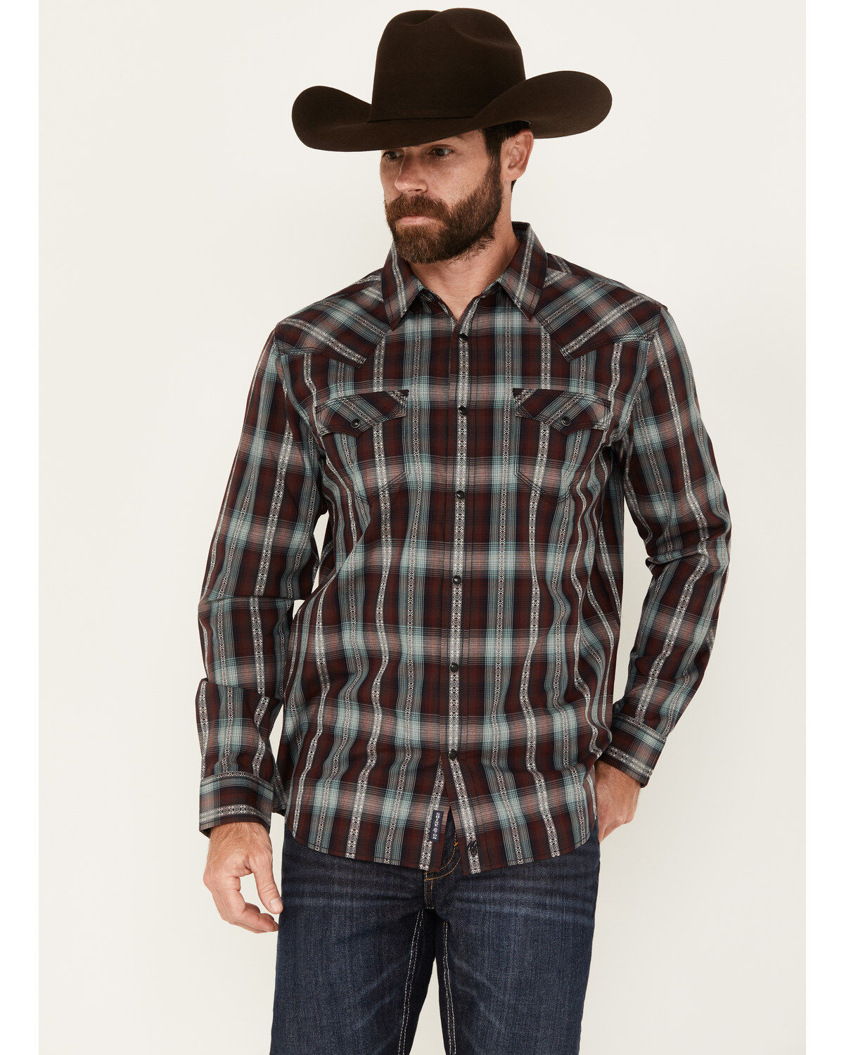 Image #1 - Moonshine Spirit&reg; Men's Lone Horn Plaid Print Long Sleeve Snap Western Shirt, Burgundy, hi-res