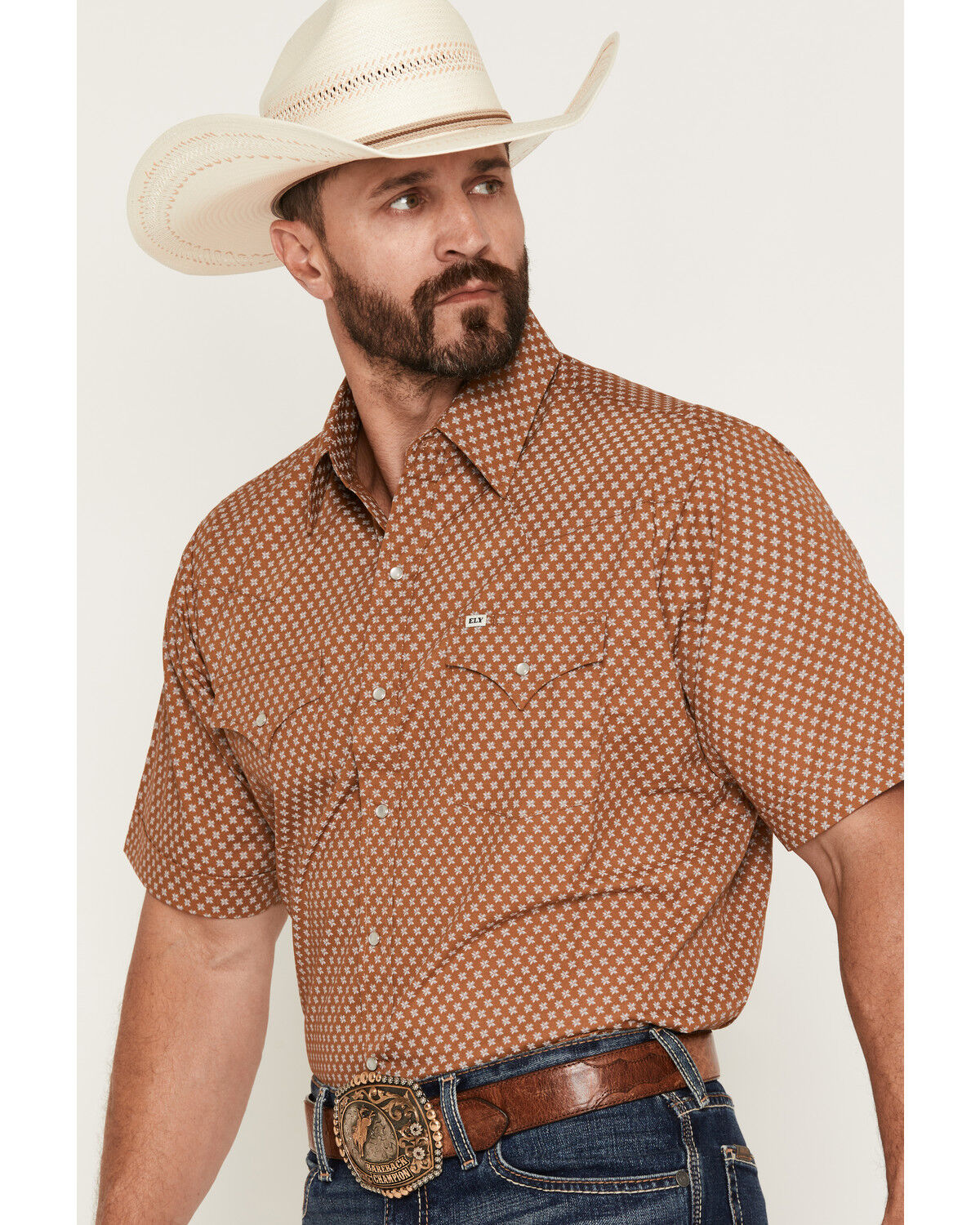 Image #2 - Ely Walker Men's Geo Print Short Sleeve Pearl Snap Western Shirt, Tan, hi-res