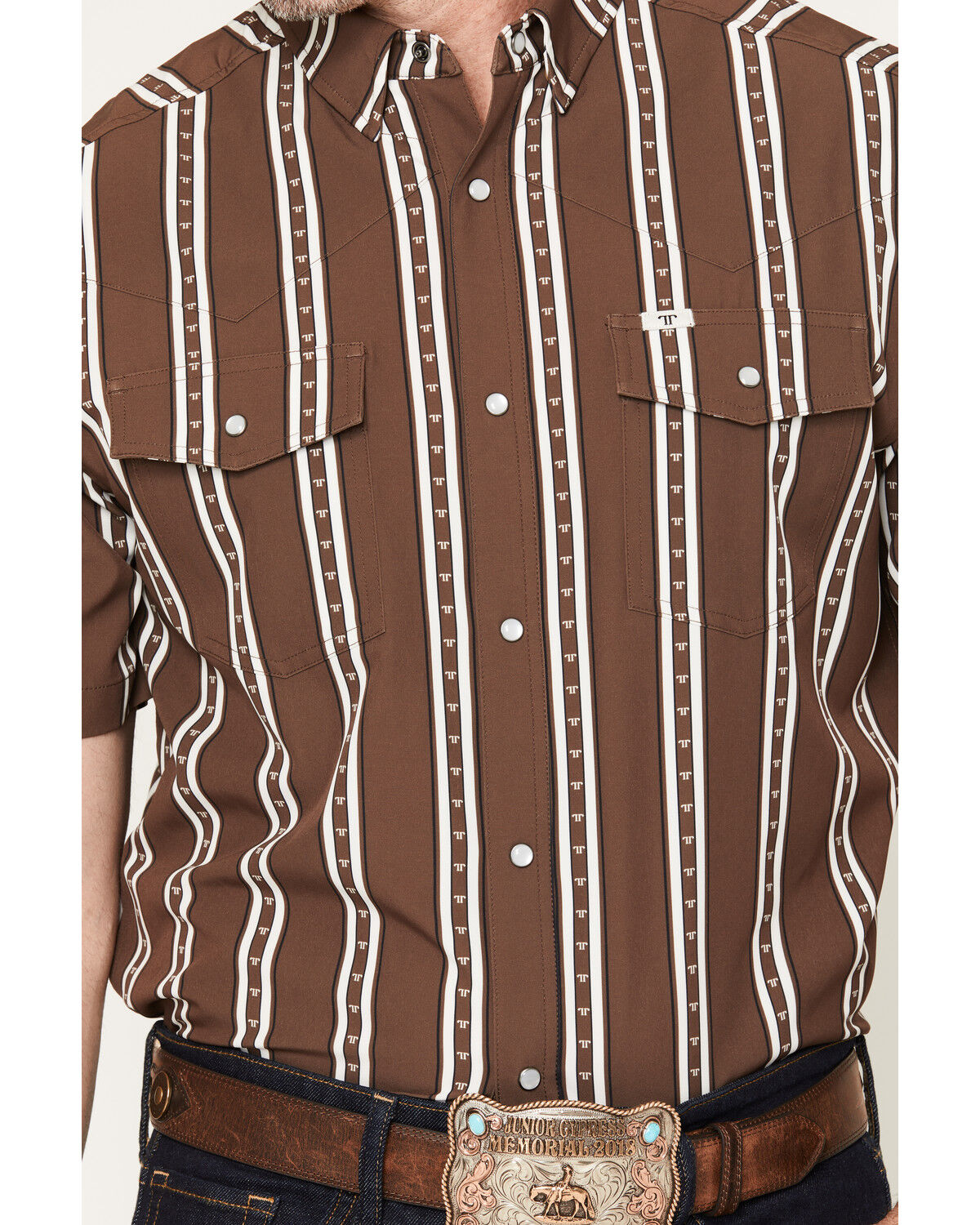 Image #3 - Ferrell Men's Tucker Tek Striped Short Sleeve Pearl Snap Stretch Western Shirt, Brown, hi-res