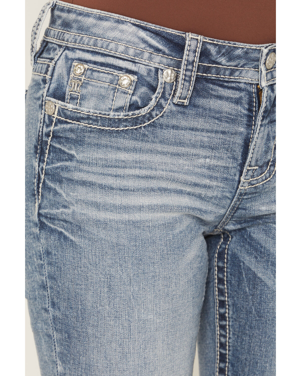 Image #4 - Miss Me Women's Medium Wash Mid Rise Logo Pocket Bootcut Stretch Denim Jeans, Medium Wash, hi-res