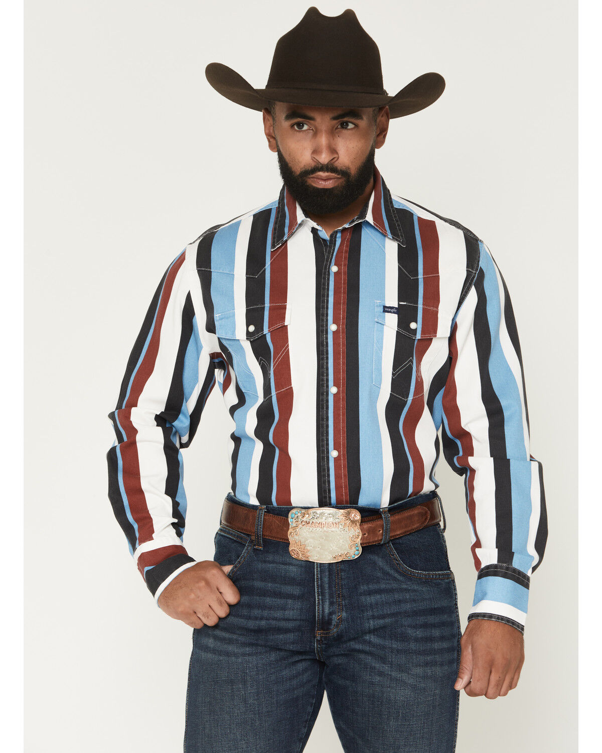 Image #1 - Wrangler Men's Vintage Brushpopper Striped Print Long Sleeve Snap Western Shirt, Blue, hi-res