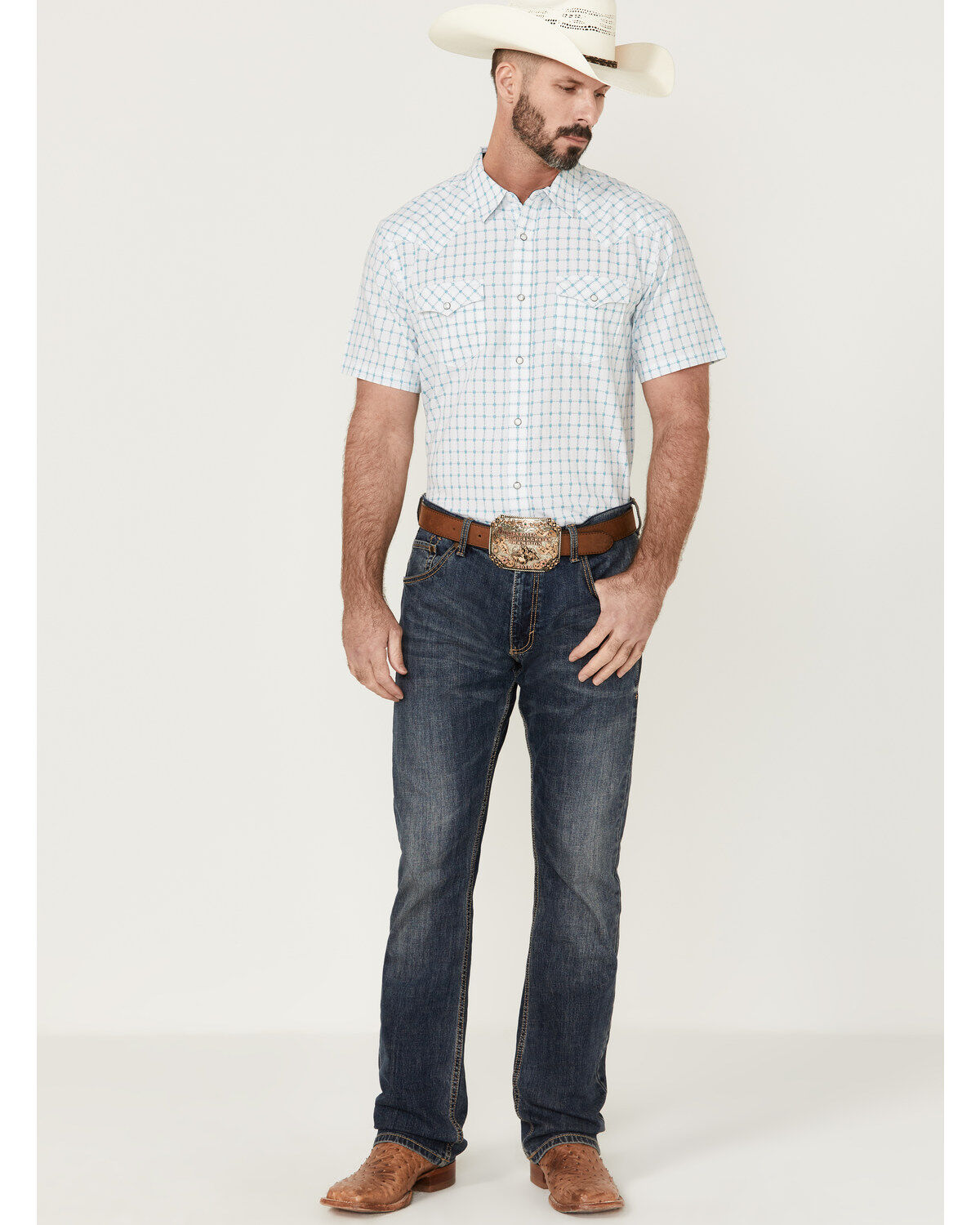 Image #2 - Moonshine Spirit&reg; Men's River Delta Small Plaid Short Sleeve Pearl Snap Western Shirt, Cream, hi-res