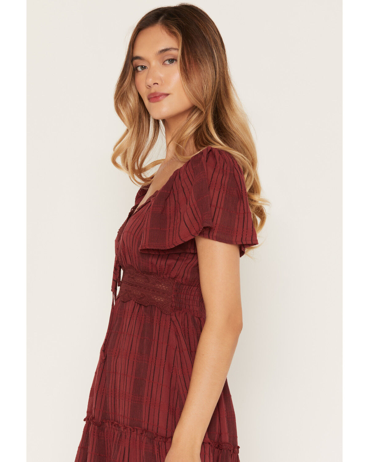 Image #2 - Wild Moss Women's Short Sleeve Lace Trim Tiered Mini Dress, Rose, hi-res
