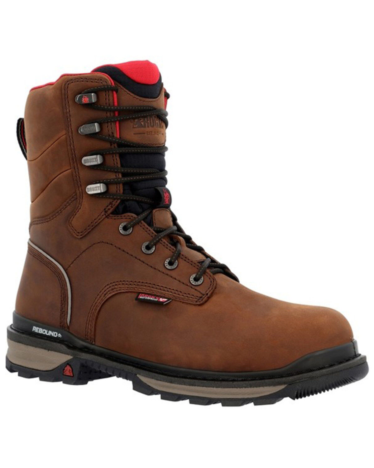Rocky Men's Rams Horn Waterproof 8" Lace-Up Work Boots - Composite Toe, Brown, hi-res