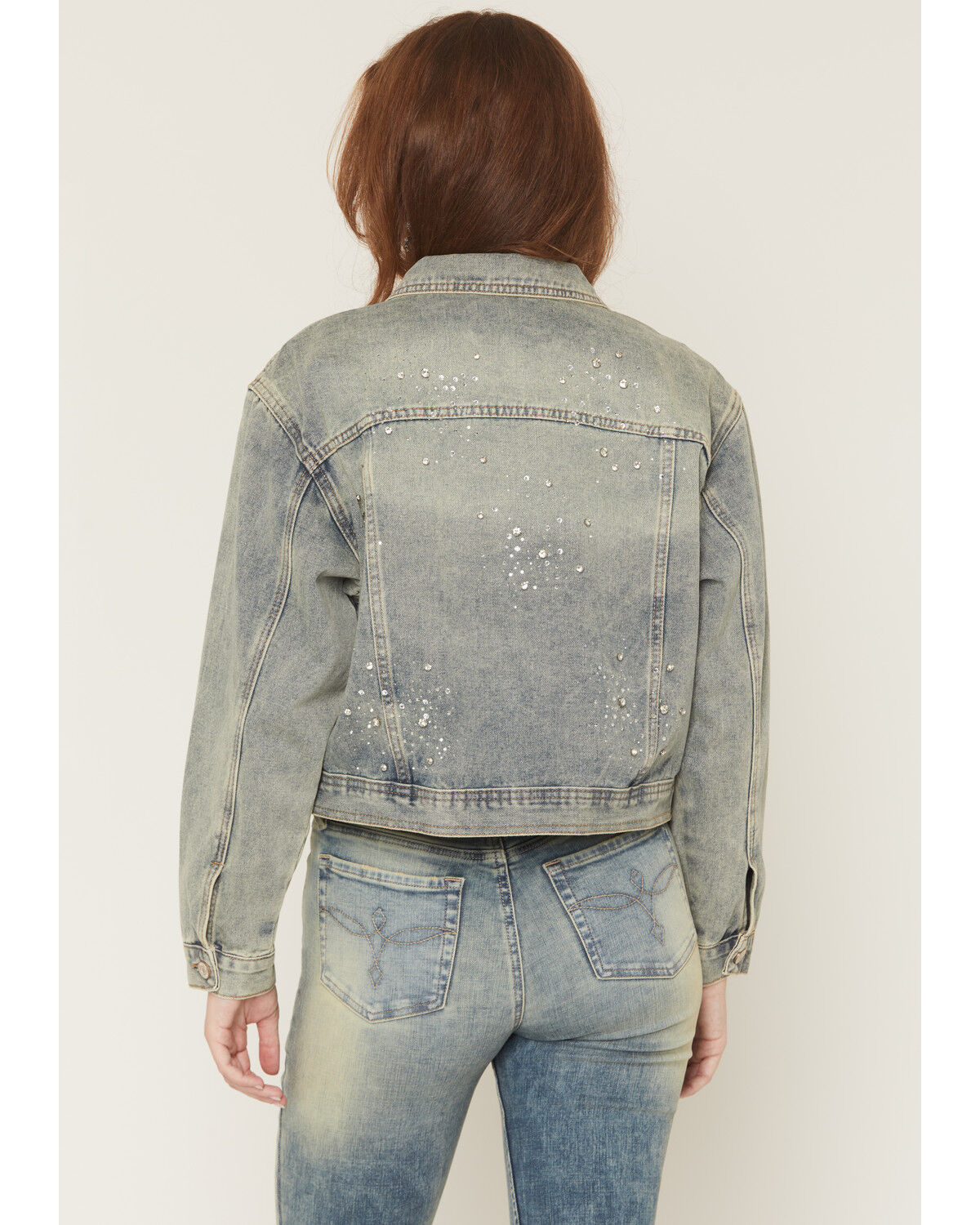 Image #4 - Azalea Wang Women's Medium Wash Rhinestone Button-Down Cropped Denim Jacket, Medium Wash, hi-res