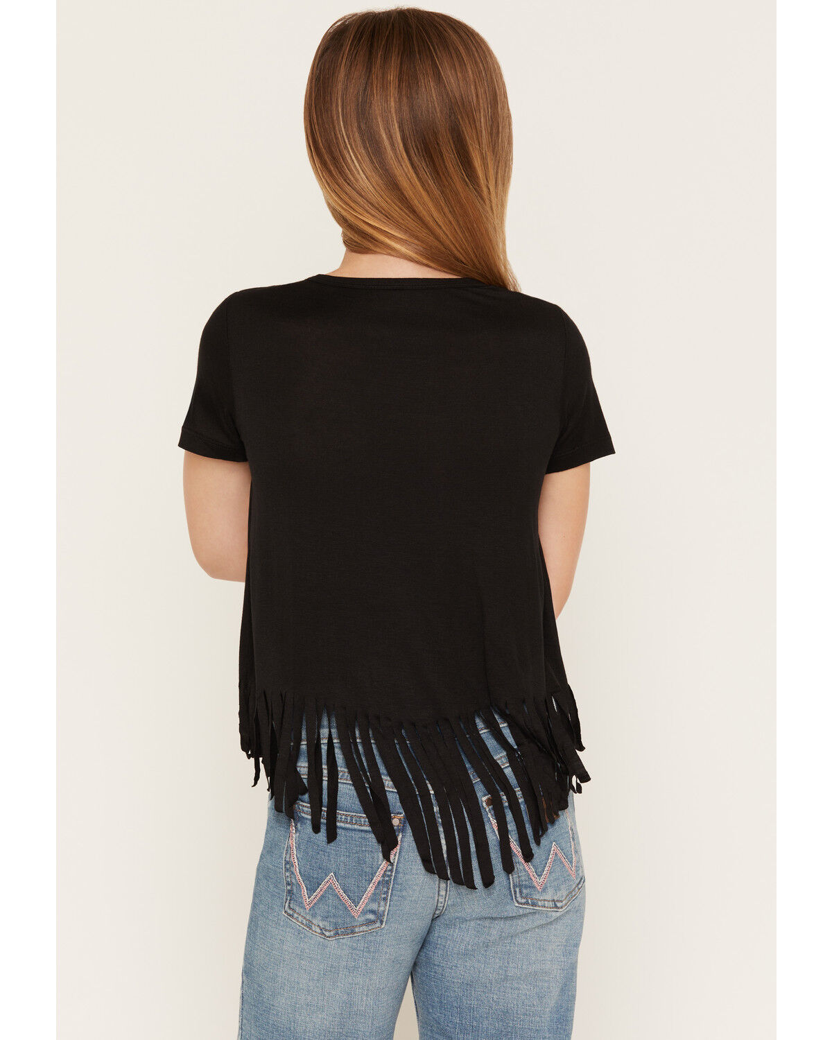 Image #4 - Cowgirl Hardware Girls' Sassy Cowgirl Embellished Fringe Short Sleeve Tee, Black, hi-res