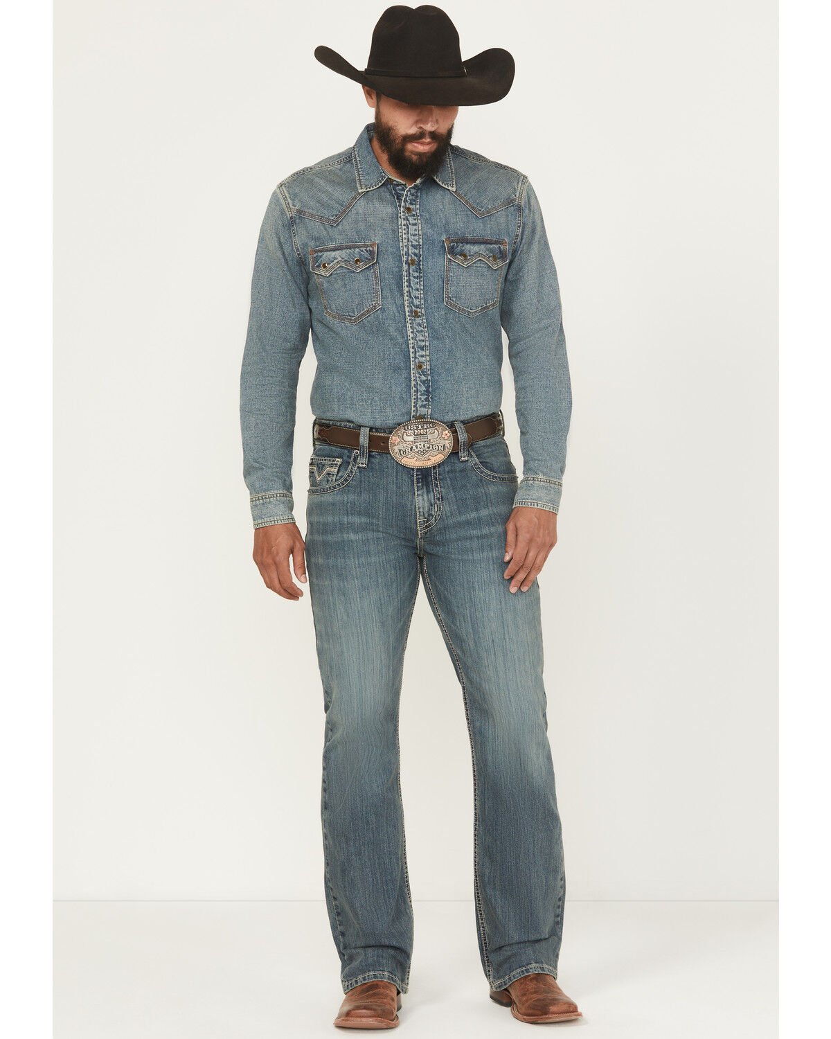 Rock & Roll Denim Men's Medium Wash Double Barrel Relaxed Bootcut Stretch Denim Jeans, Medium Wash, hi-res