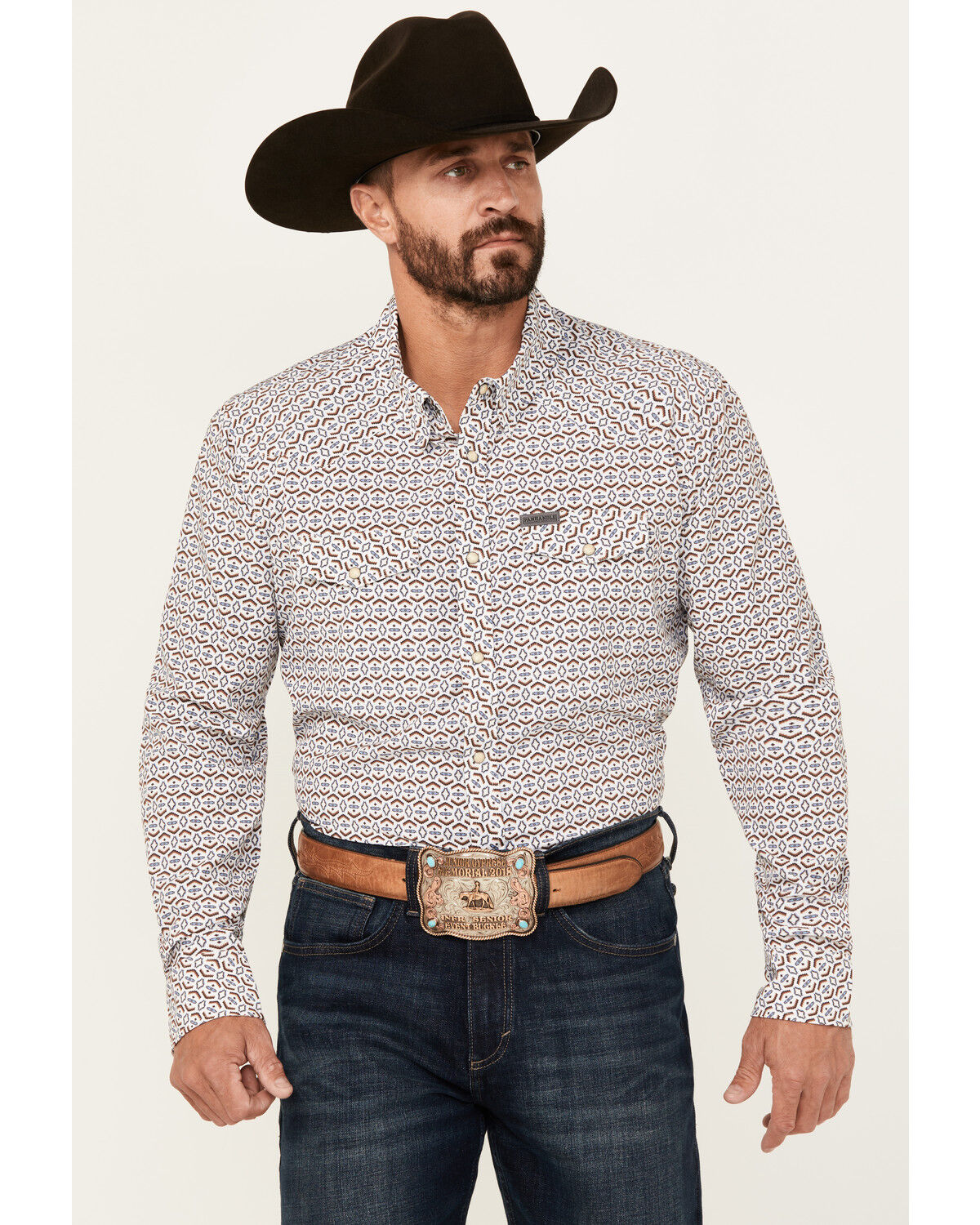 Image #1 - Panhandle Select Men's Southwestern Geo Print Long Sleeve Snap Performance Stretch Western Shirt, White, hi-res