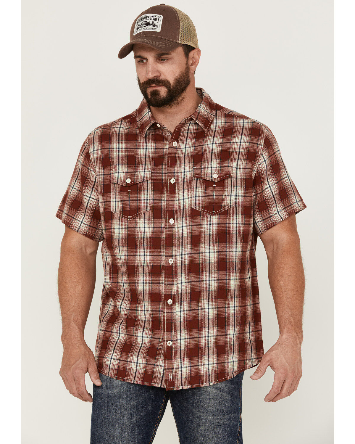 Image #1 - Brothers and Sons Men's Large Plaid Short Sleeve Button Down Western Shirt, Red, hi-res