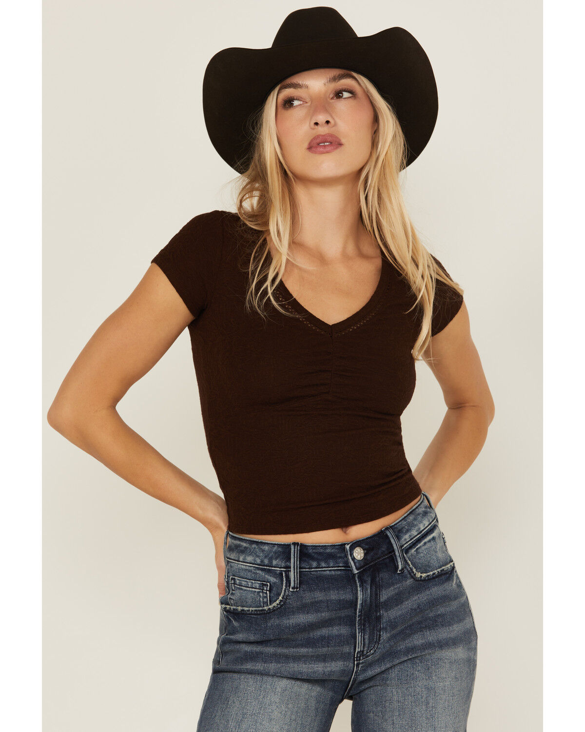 Shyanne Women's V Neck Short Sleeve Stretch Knit Top, Dark Brown, hi-res