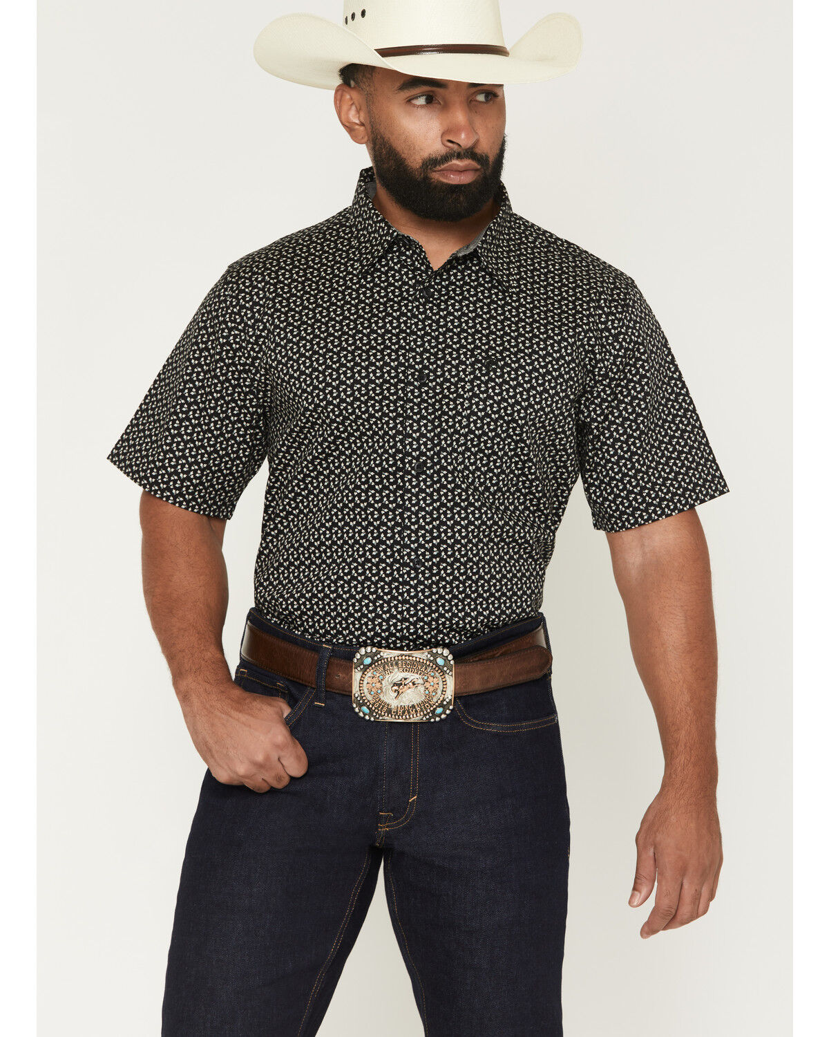 Image #1 - Cody James Men's Shiloh Micro Floral Print Short Sleeve Button-Down Stretch Western Shirt, Black, hi-res