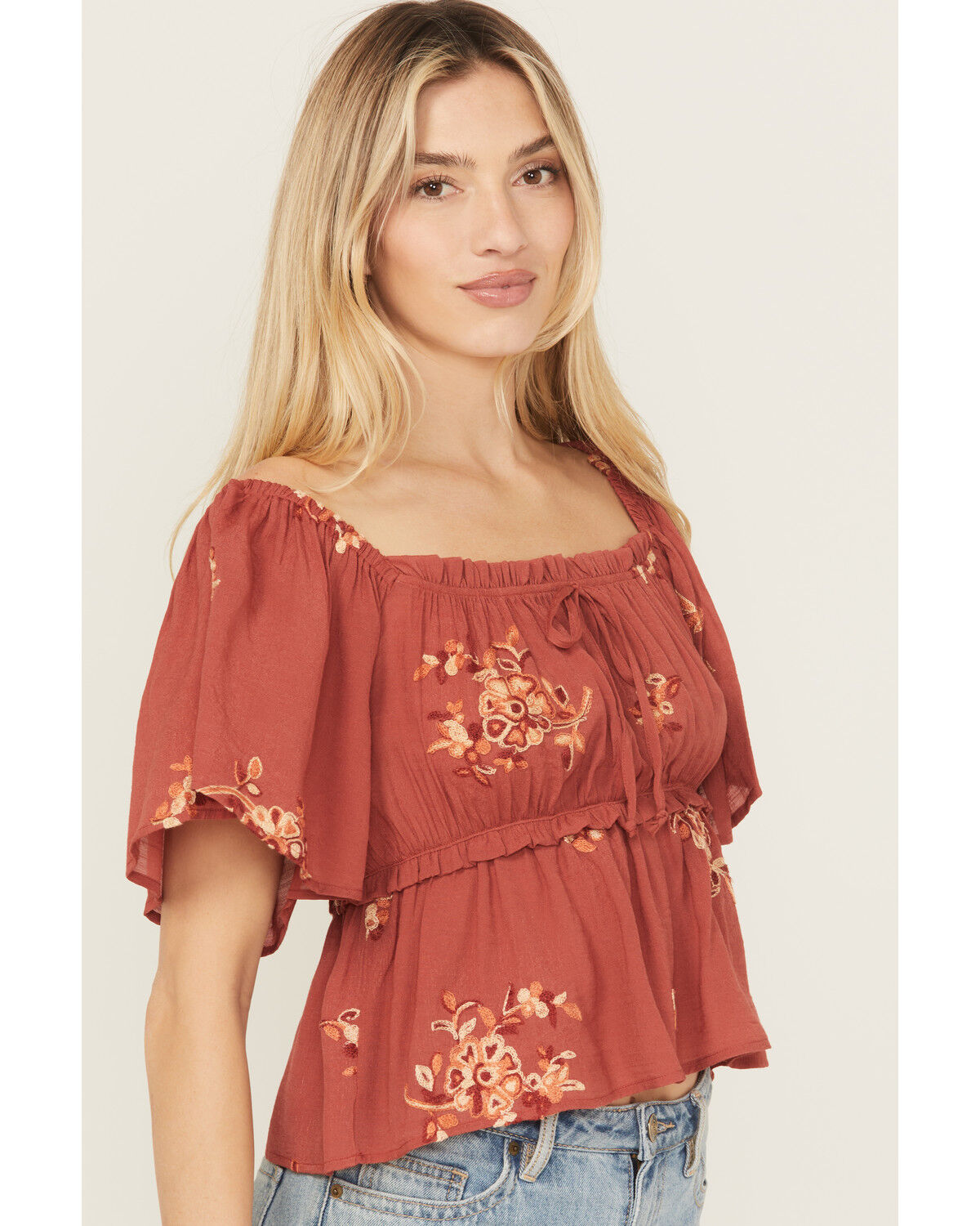 Image #2 - Wild Moss Women's Floral Embroidered Short Sleeve Peplum Top, , hi-res
