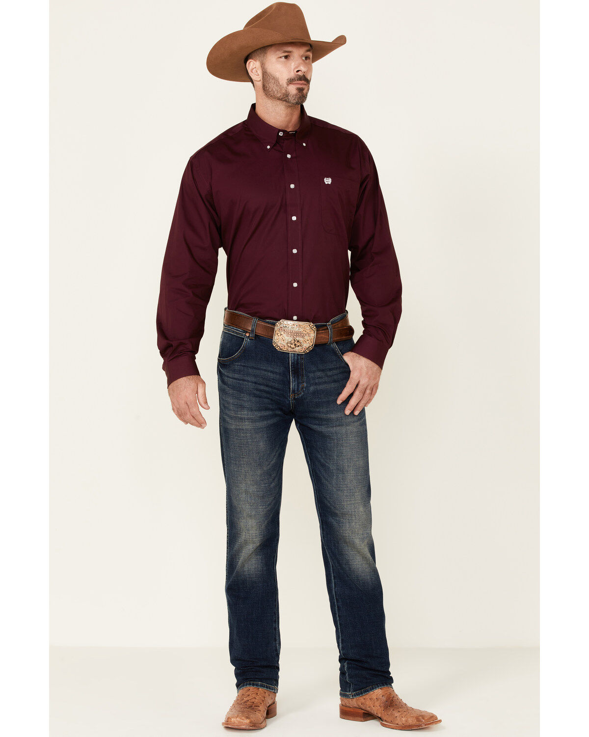 Image #2 - C&zwnj;inch Men's Solid Burgundy Button Long Sleeve Western Shirt, Burgundy, hi-res