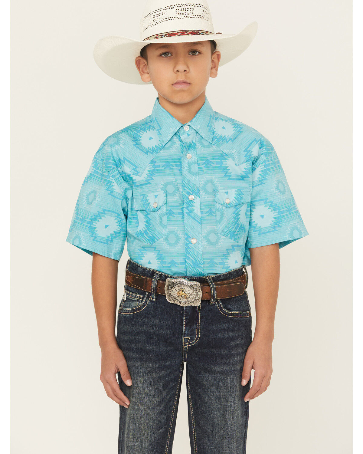 Rock & Roll Denim Boys' Southwestern Short Sleeve Snap Western Shirt, Turquoise, hi-res