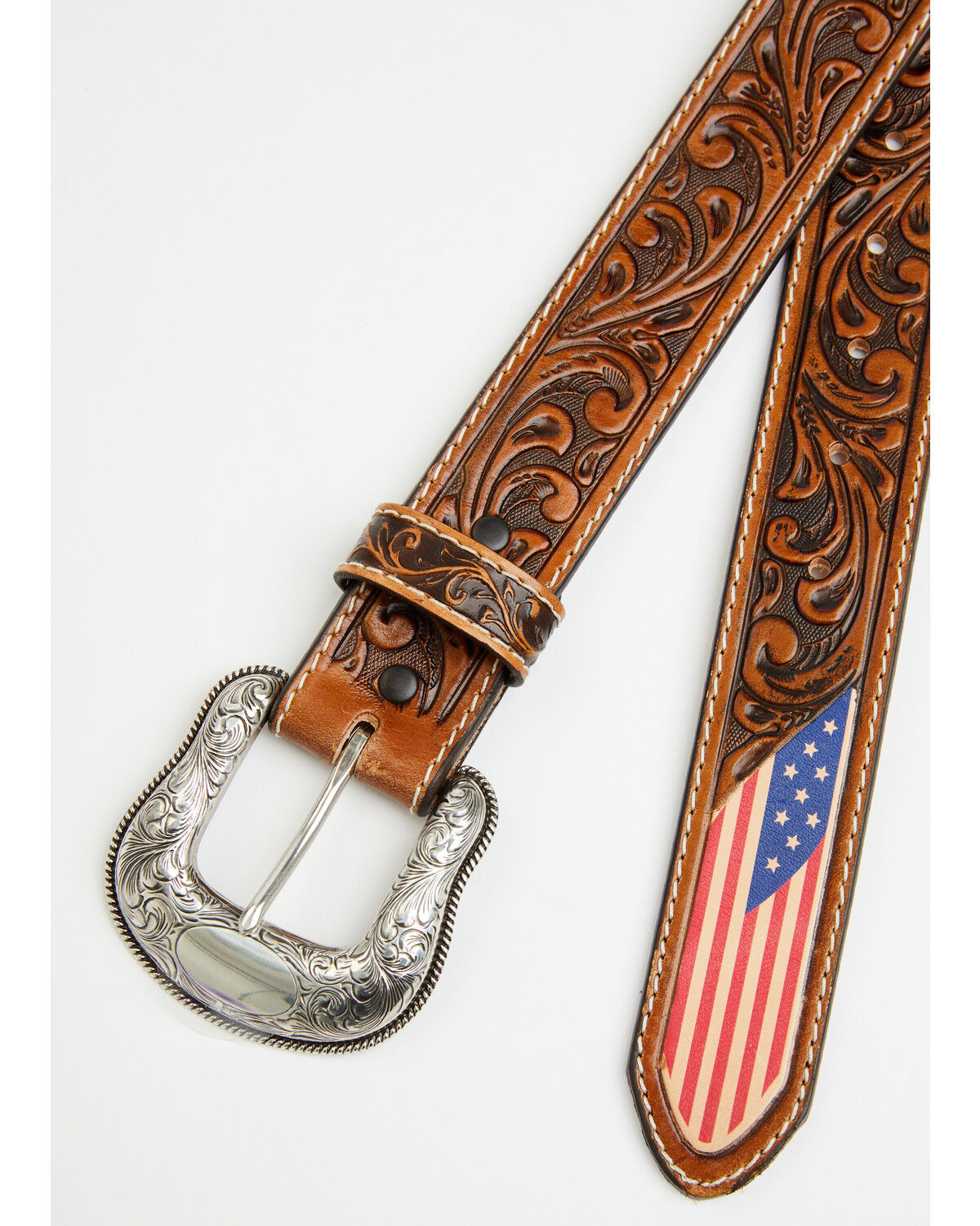 Image #2 - Leegin Men's Freedom Flag Tooled Leather Belt, Tan, hi-res