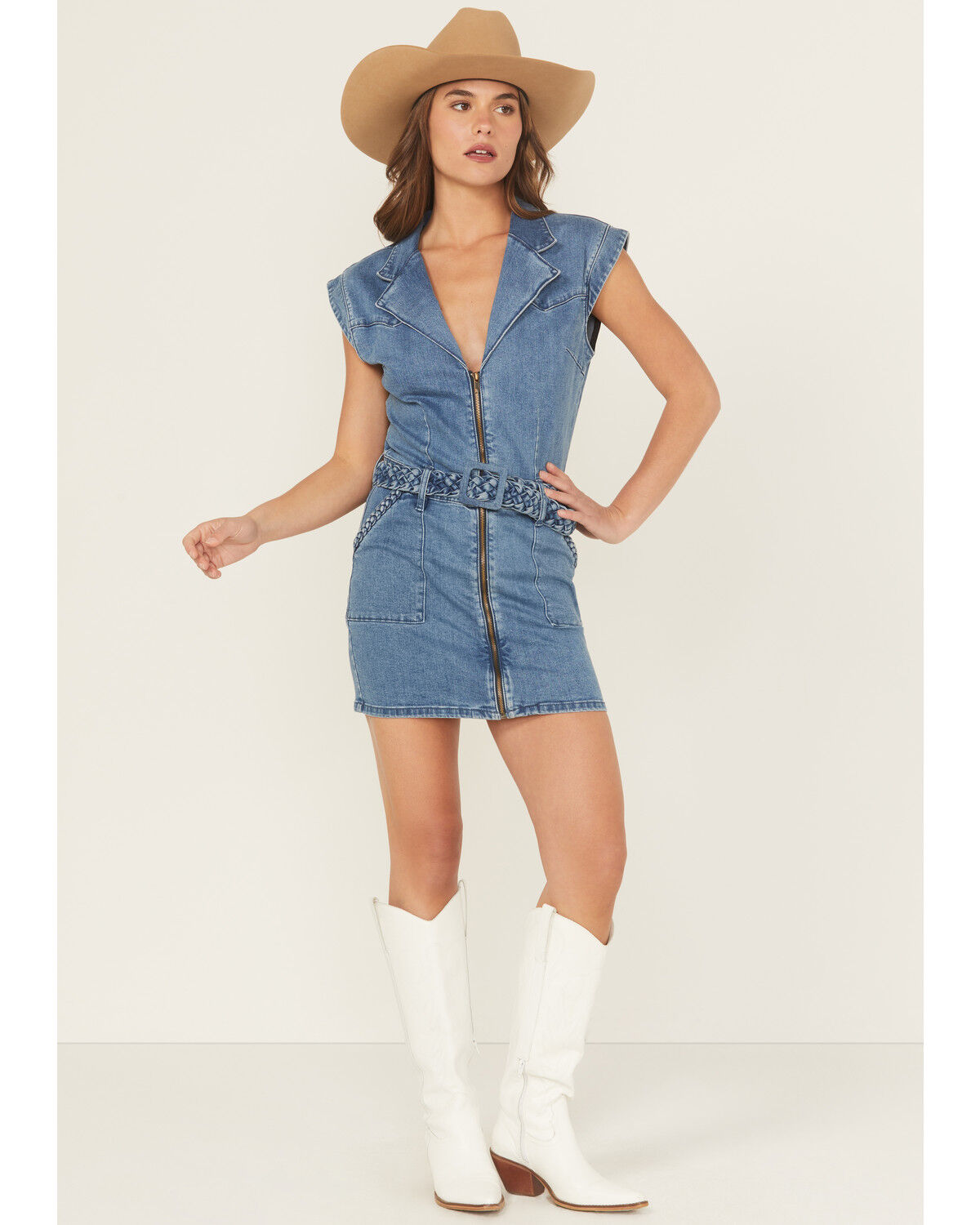 Rock & Roll Denim Women's Medium Wash Braided Short Sleeve Denim Mini Dress, Medium Wash, hi-res