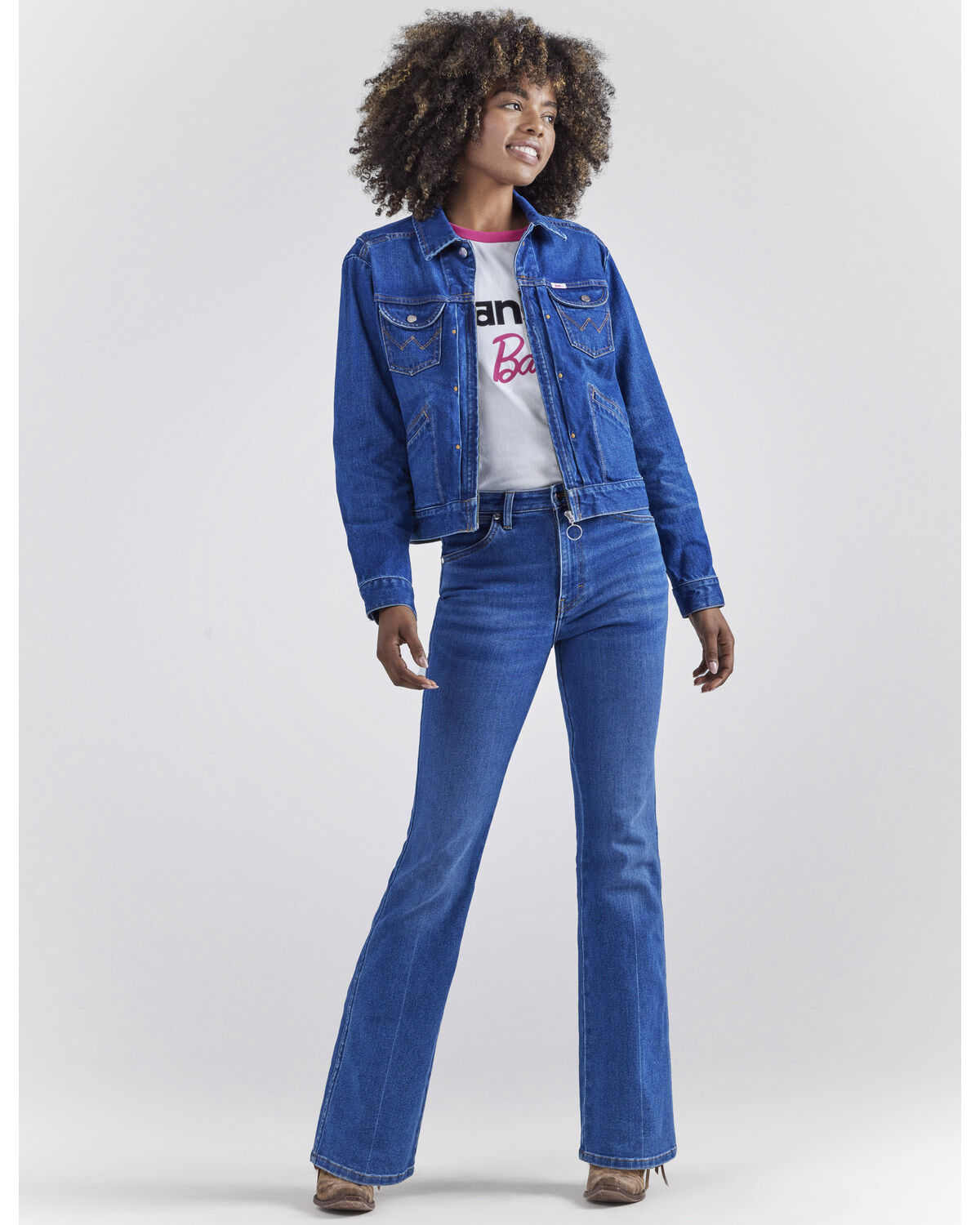Image #6 - Wrangler&reg; X Barbie&trade; Women's Dark Wash Barbie&trade; Logo Zip Front Denim Jacket, Dark Wash, hi-res
