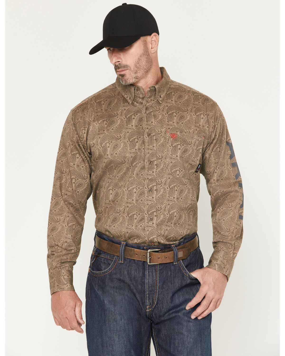 Ariat Men's FR Gehrig Paisley Print Long Sleeve Button-Down Work Shirt, Brown, hi-res