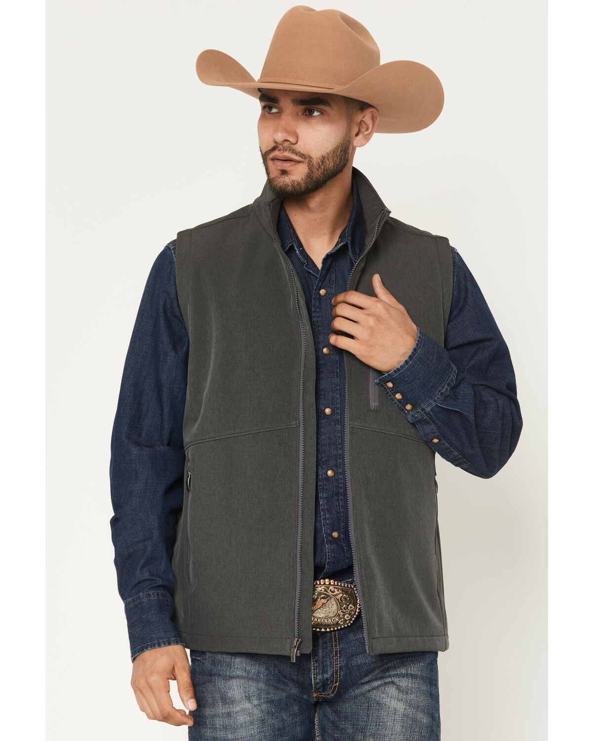 Image #1 - Ariat Men's Americana Logo Concealed Carry Softshell Vest, Charcoal, hi-res