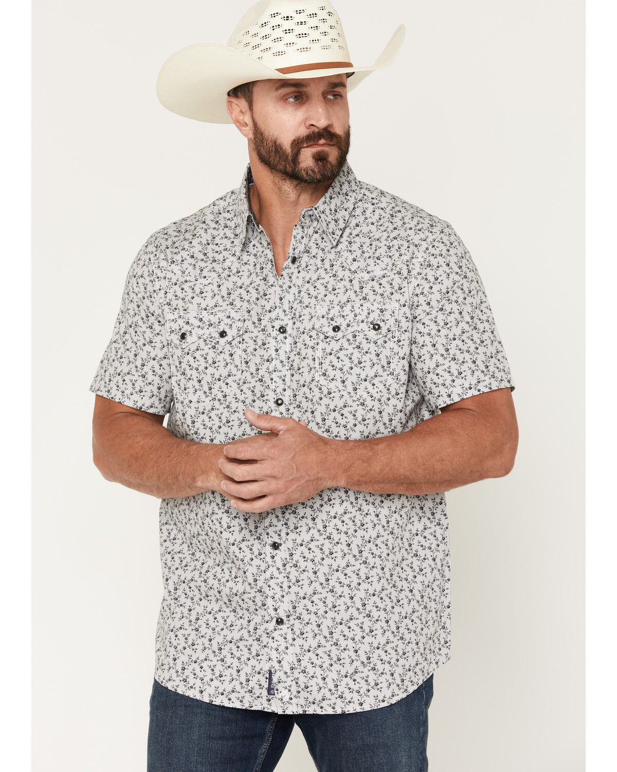 Moonshine Spirit&reg; Men's Runaway Floral Print Short Sleeve Snap Western Shirt, White, hi-res