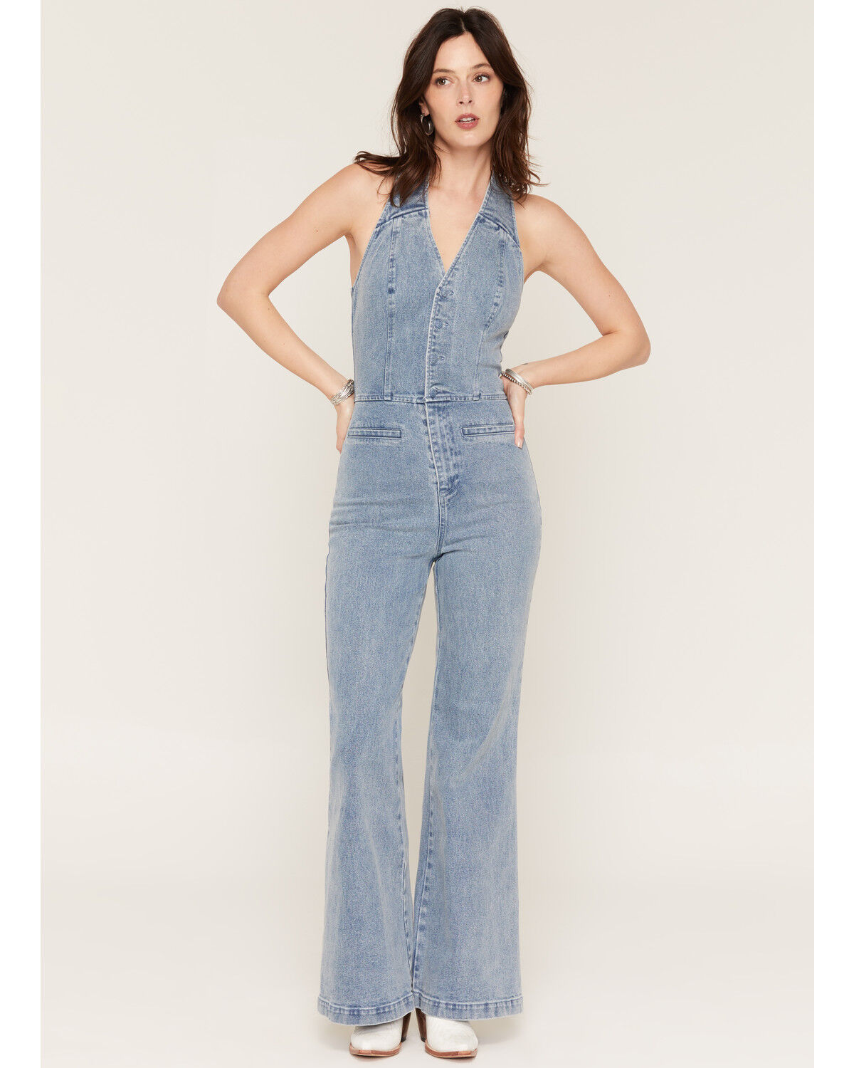 Image #1 - Flying Tomato Women's Light Wash Halter Denim Jumpsuit, Light Wash, hi-res
