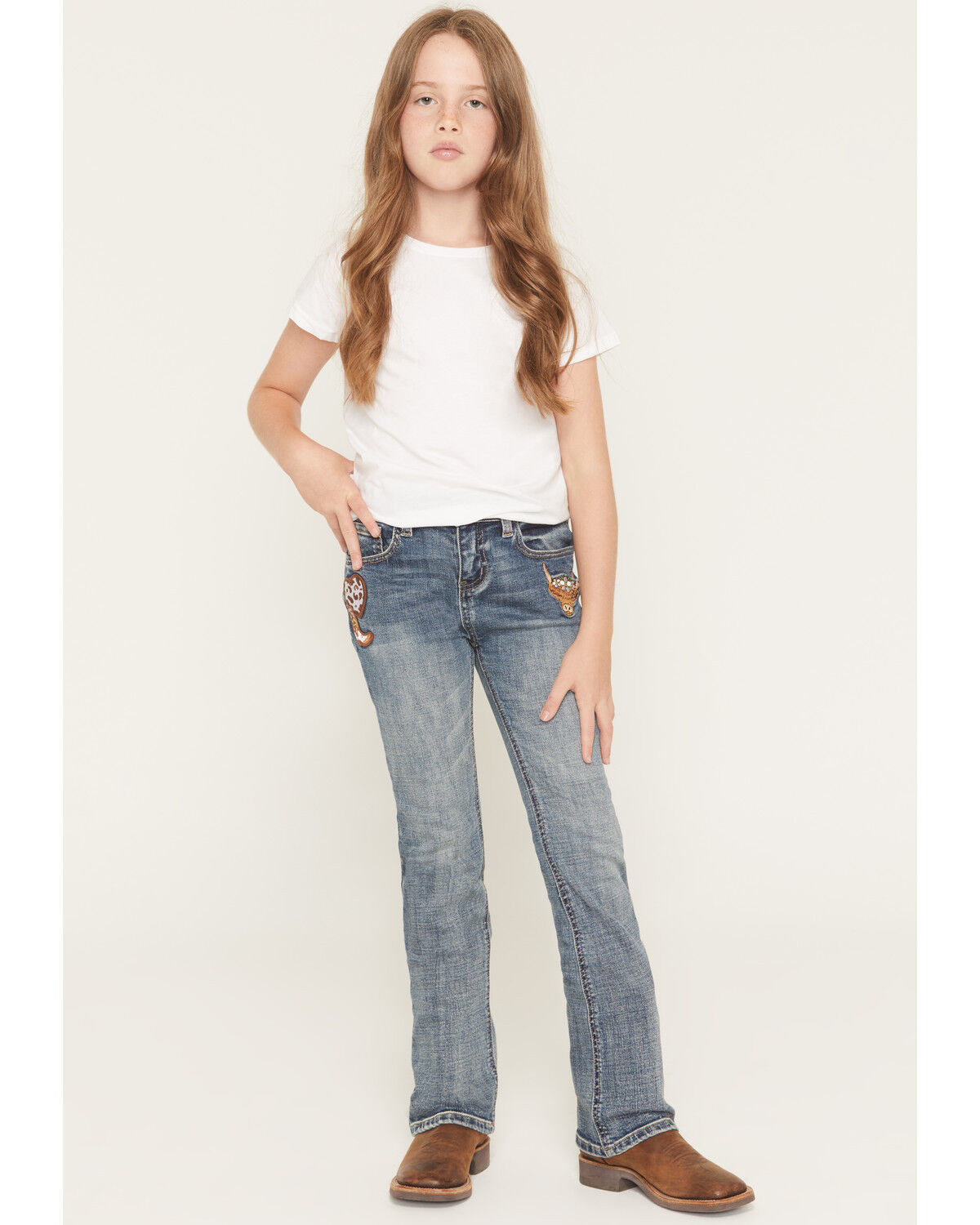 Shyanne Girls' Cass Patchwork Mid Rise Bootcut Stretch Denim Jeans, Medium Wash, hi-res