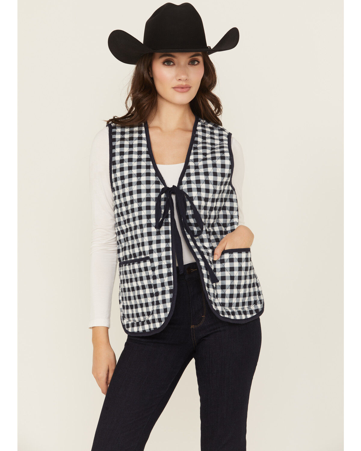 Free People Women's Claudine Gingham Tie Front Vest, Navy, hi-res
