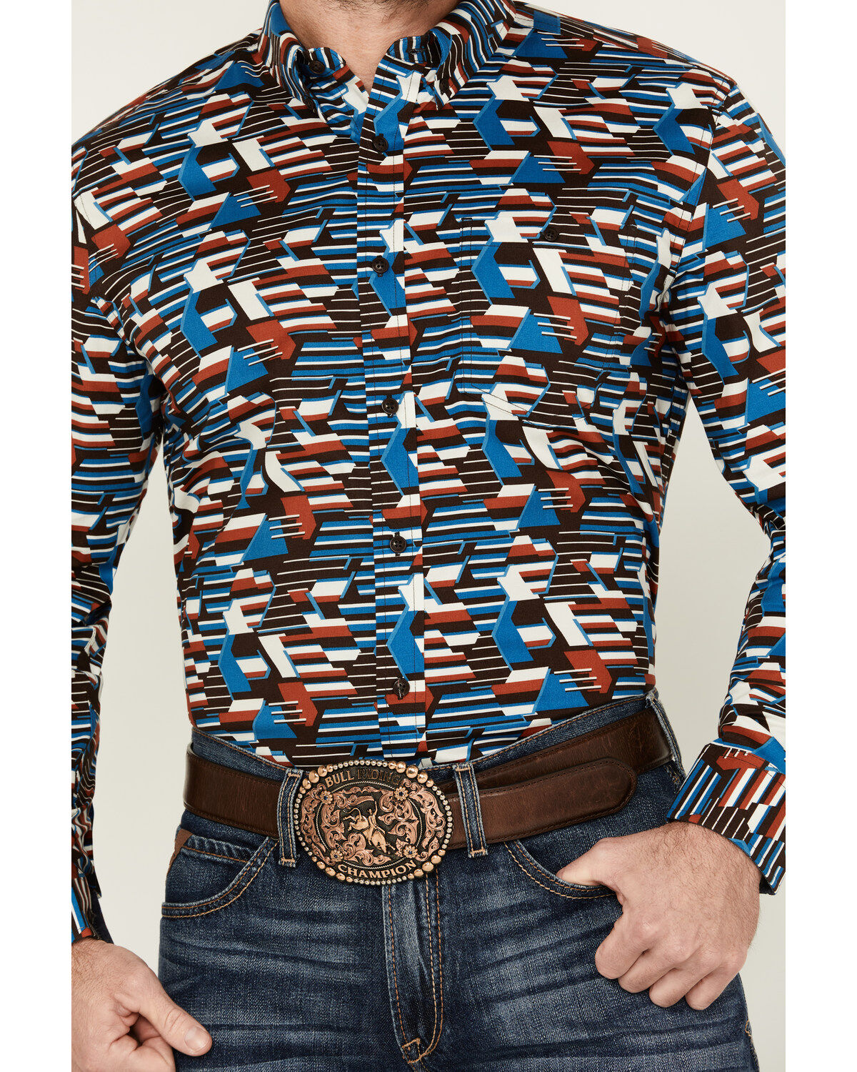 Image #3 - RANK 45&reg; Men's Yaak Abstract Geo Print Long Sleeve Button-Down Stretch Western Shirt, Chocolate, hi-res