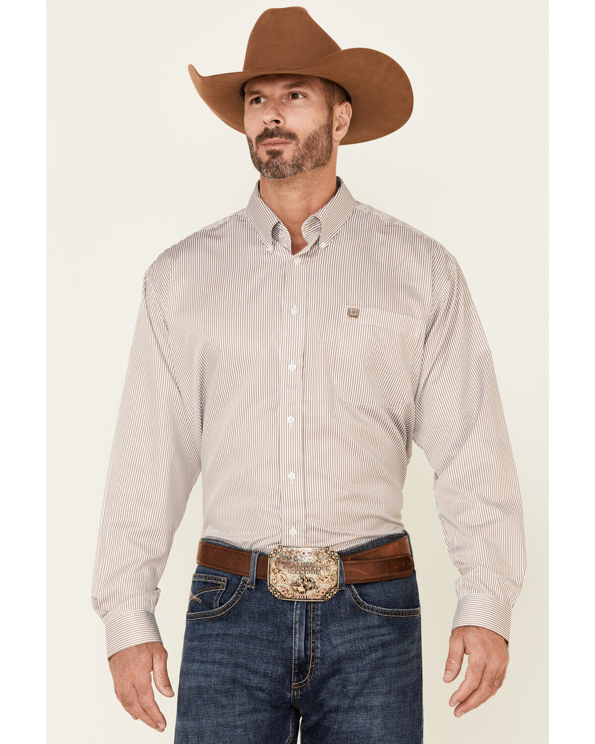 Image #1 - Cinch Men's Tencel Mini Stripe Long Sleeve Button-Down Western Shirt, Beige/khaki, hi-res
