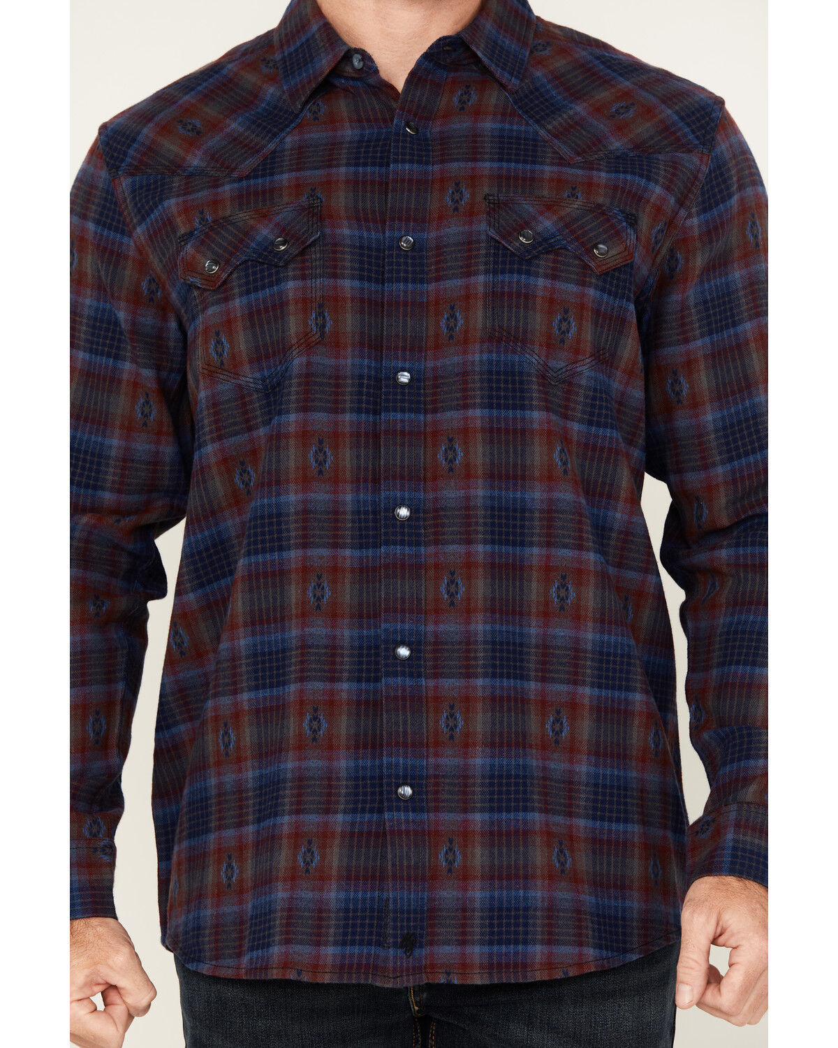 Image #3 - Moonshine Spirit&reg; Men's Fireland Dobby Plaid Print Long Sleeve Snap Western Shirt, Burgundy, hi-res